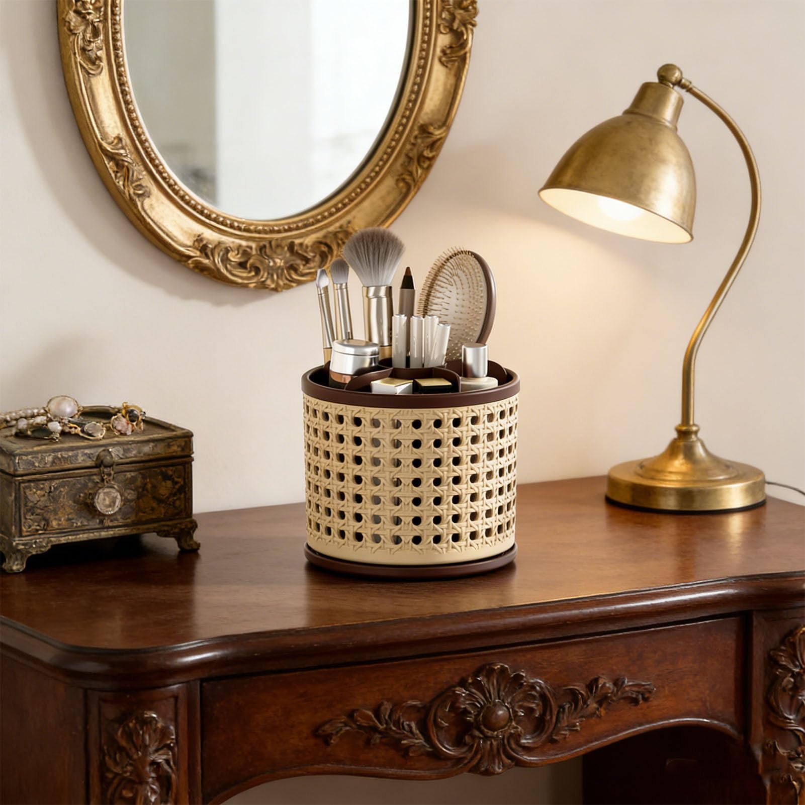 Serounder 360° rotating brown makeup brush holder organizer caddy with multiple compartments for cosmetics and tools
