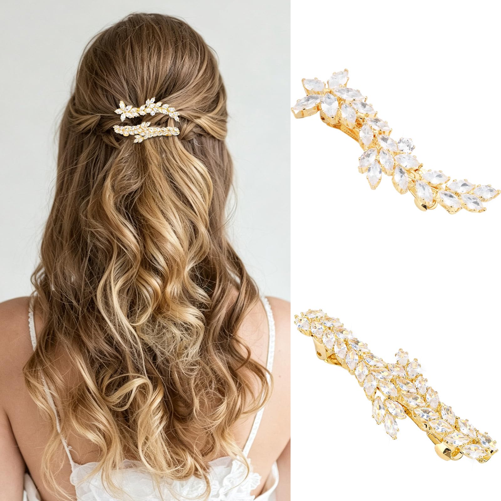 ANBALA 2-pack gold rhinestone leaf hair clips for women, perfect for wedding hairstyles and elegant hair accessories.
