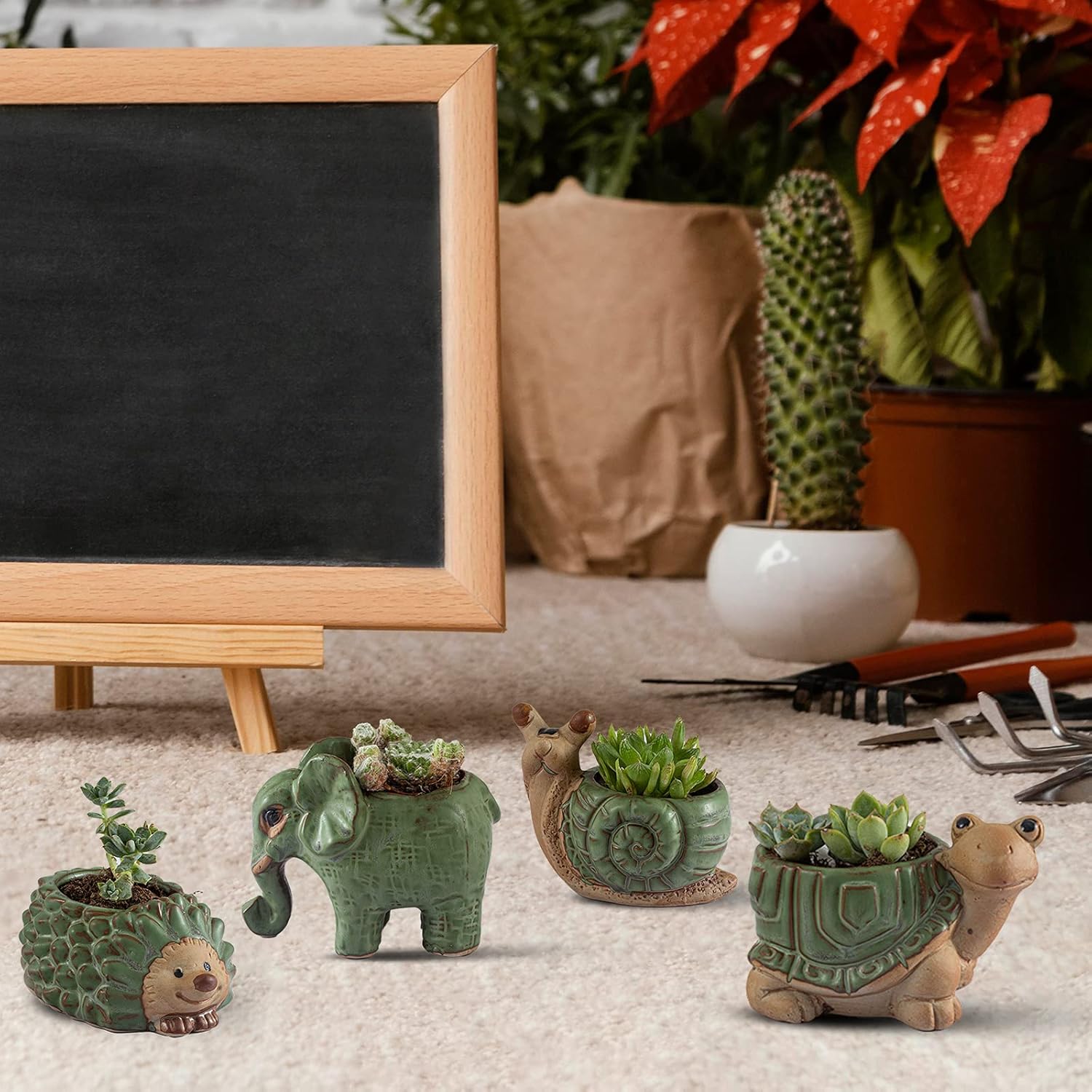 Small ceramic animal planter with drainage holes, featuring a cute cactus succulent for indoor or outdoor decoration by Godealio.