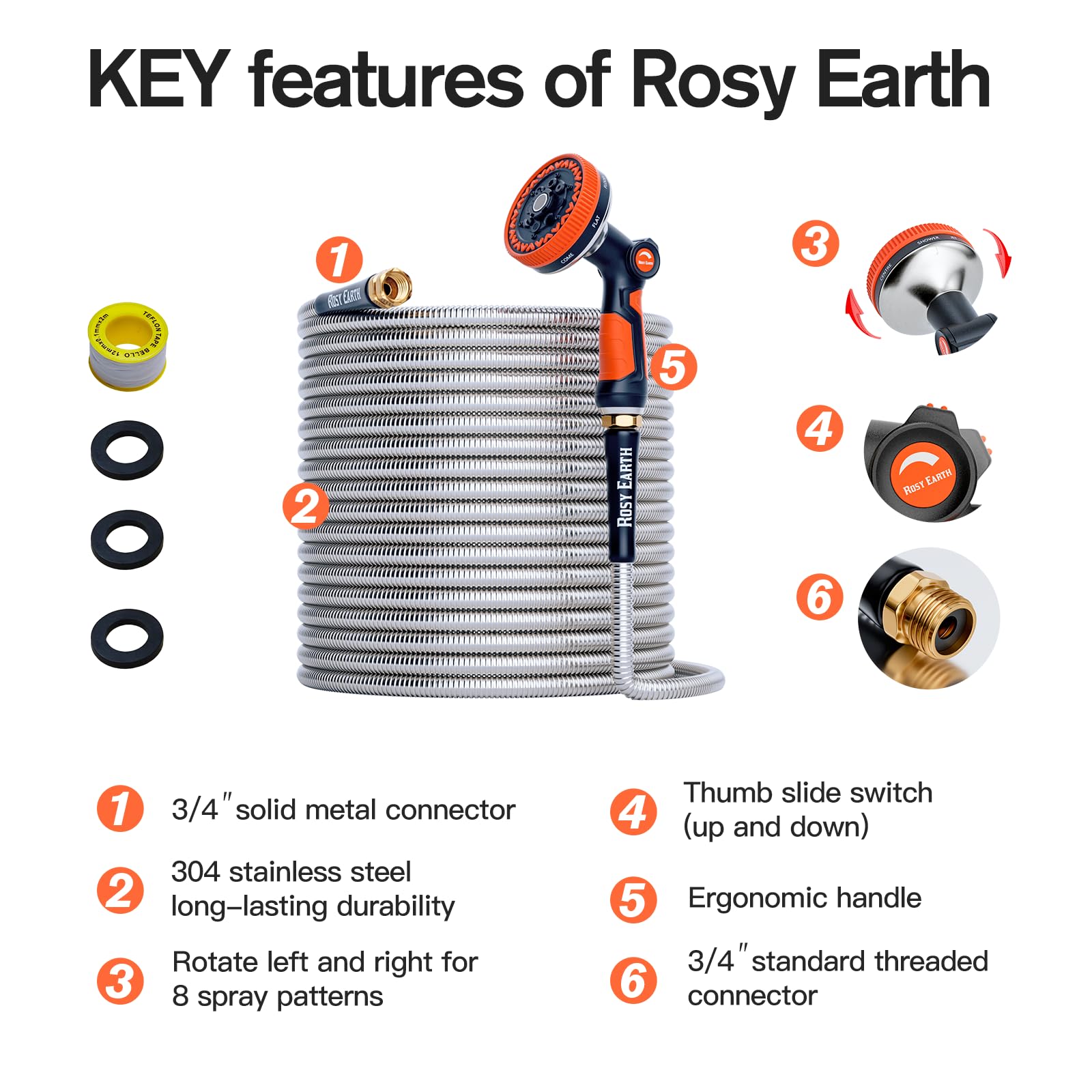 Rosy Earth 100ft Stainless Steel Garden Hose, Heavy Duty Metal Wa - Rosy Earth Official Product View 3