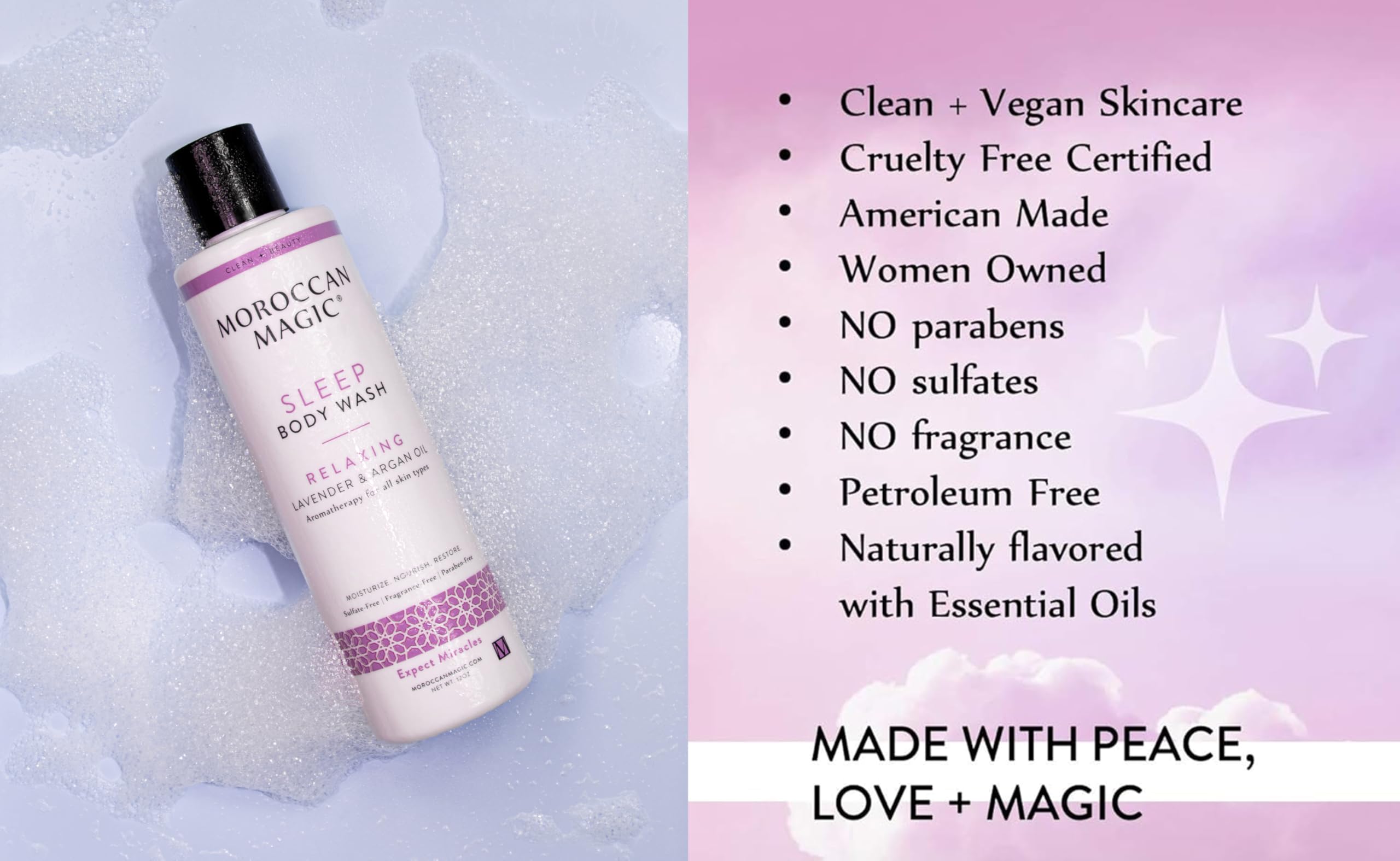 Moroccan Magic Sleep Lavender Vanilla Body Wash | Clean Beauty | Natural Non Toxic Body Wash Women and Men | Vegan Shower Gel Body Soap Body Care | Cruelty-Free, Synthetic Fragrance Free Skin Care