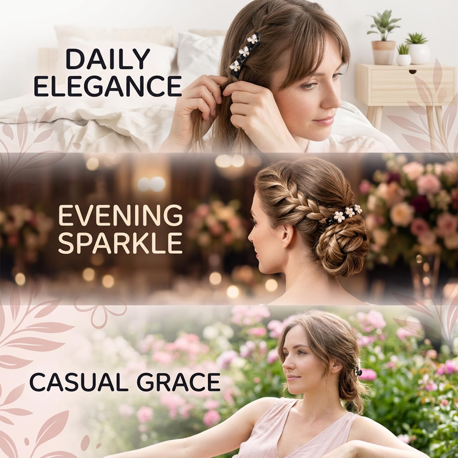 4 Pcs Rhinestone Twisted Hair Clips Set, Pearl Clip and Duckbill Hairpins with Crystal Flowers, 3.5 in / 9 cm, Double Layer Decorative Clips for Weaving Bangs and Styling Hair
