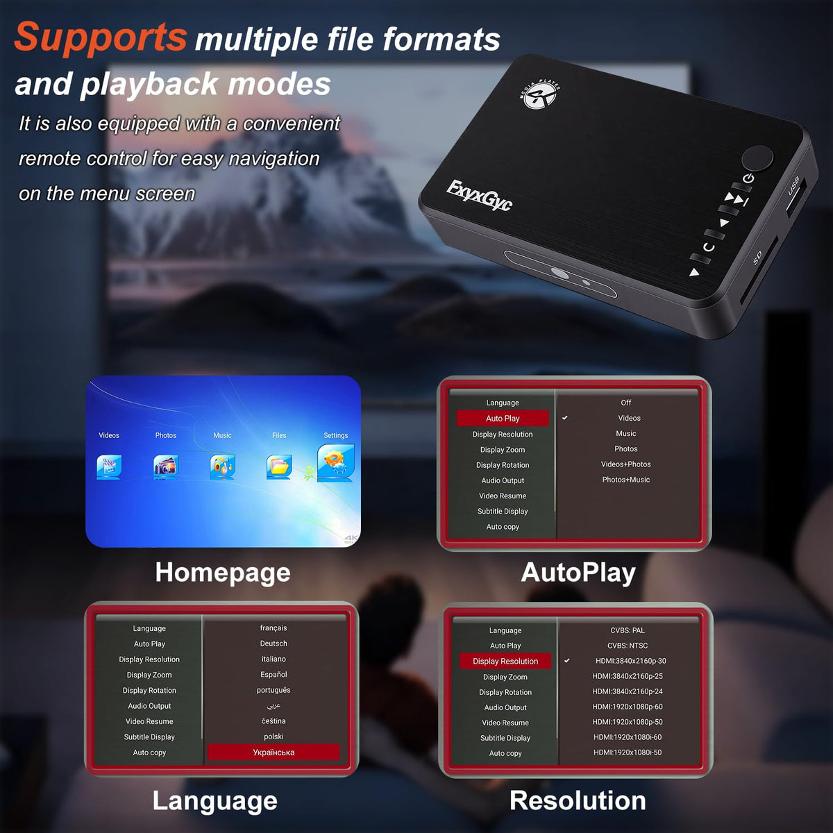 HDMI Media Player 4K Ultra HD Digital Media Player USB SD - FxyxGyc Official Imagery - 3