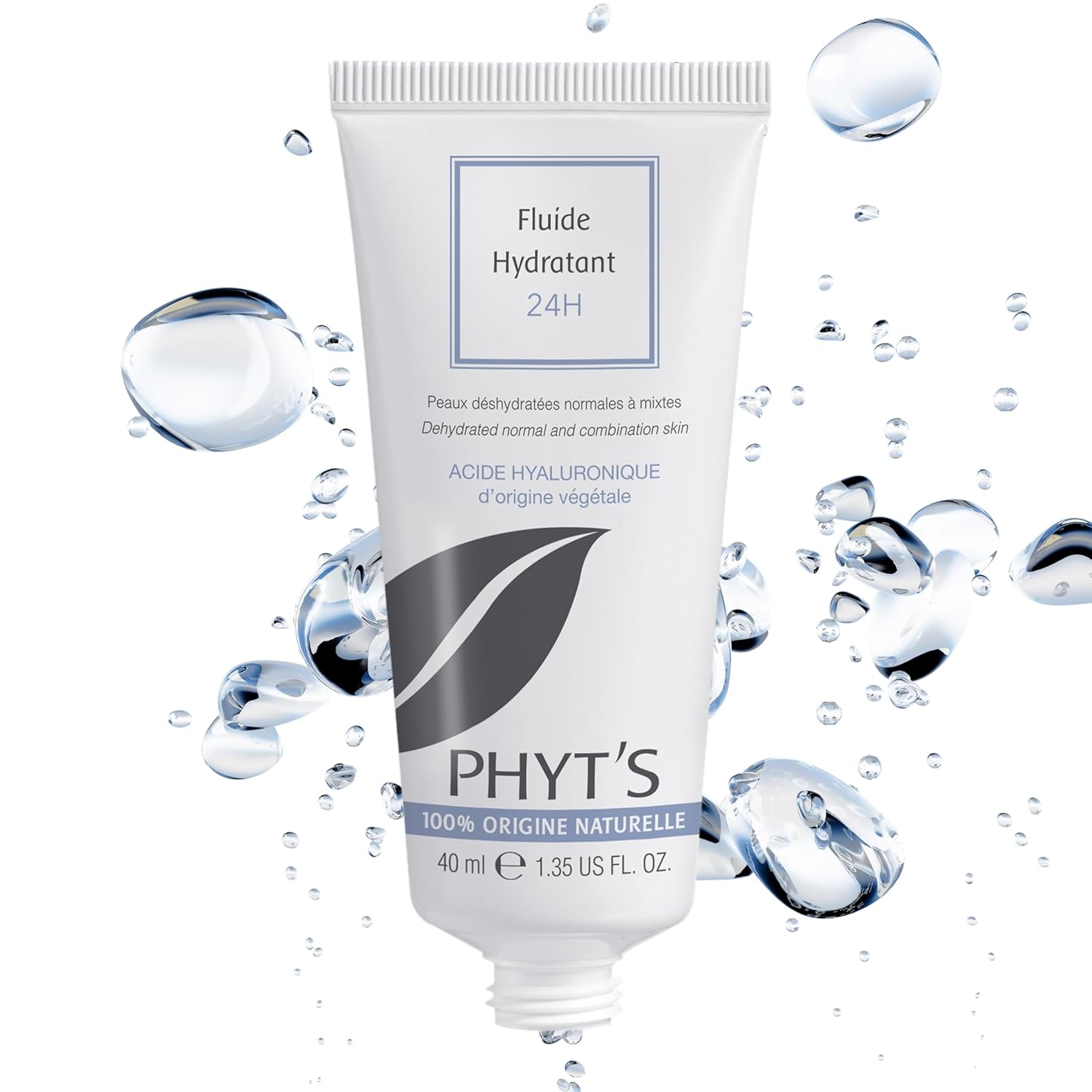 Phyts 24H Moisturizing Fluid with aloe vera extract, a lightweight face moisturizer in a pump bottle, suitable for daily hydration.