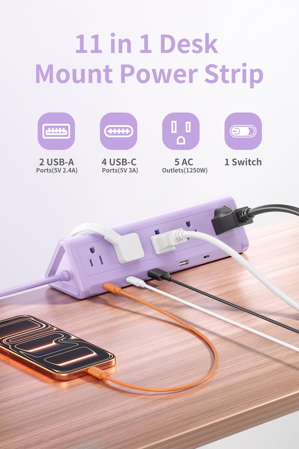SMALLRT Purple Desk Clamp Power Strip with 6 5 FT Extension - SMALLRT Official Imagery - 3
