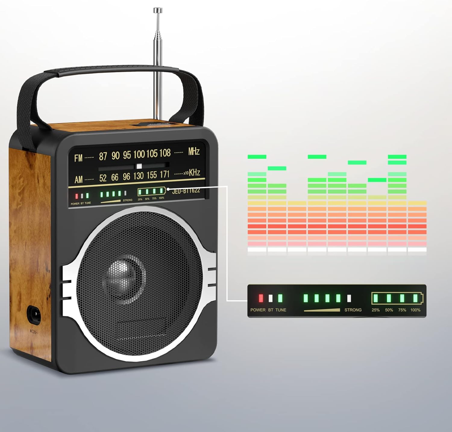 Portable JEUJUG AM FM radio with Bluetooth 5.0, 5-watt loud speaker, built-in rechargeable battery, and compact design.