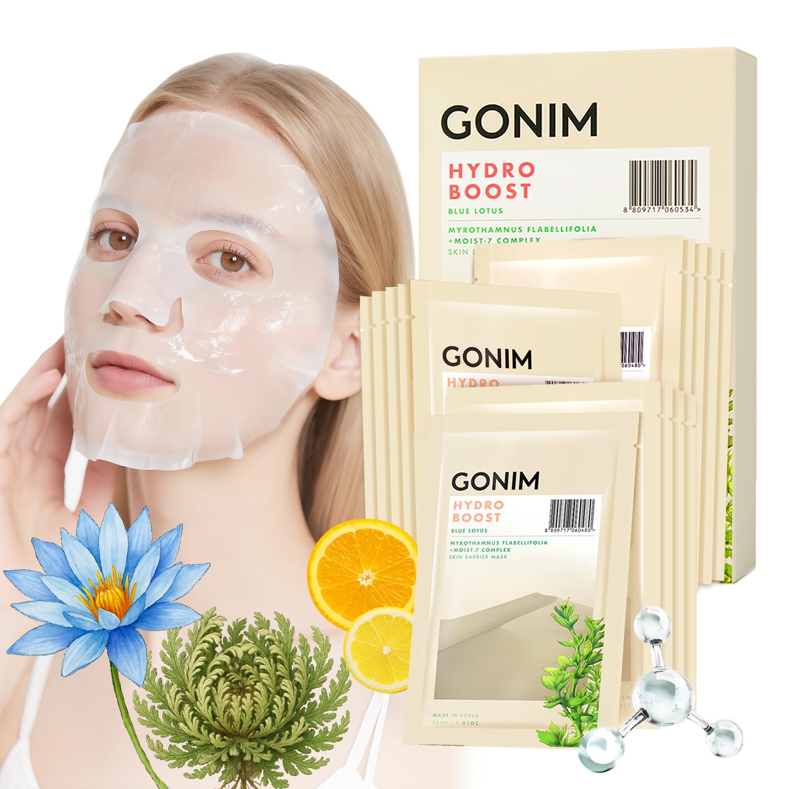 Korean Face Mask, Hydrating Sheet Mask with Hyaluronic Acid Serum - GONIM