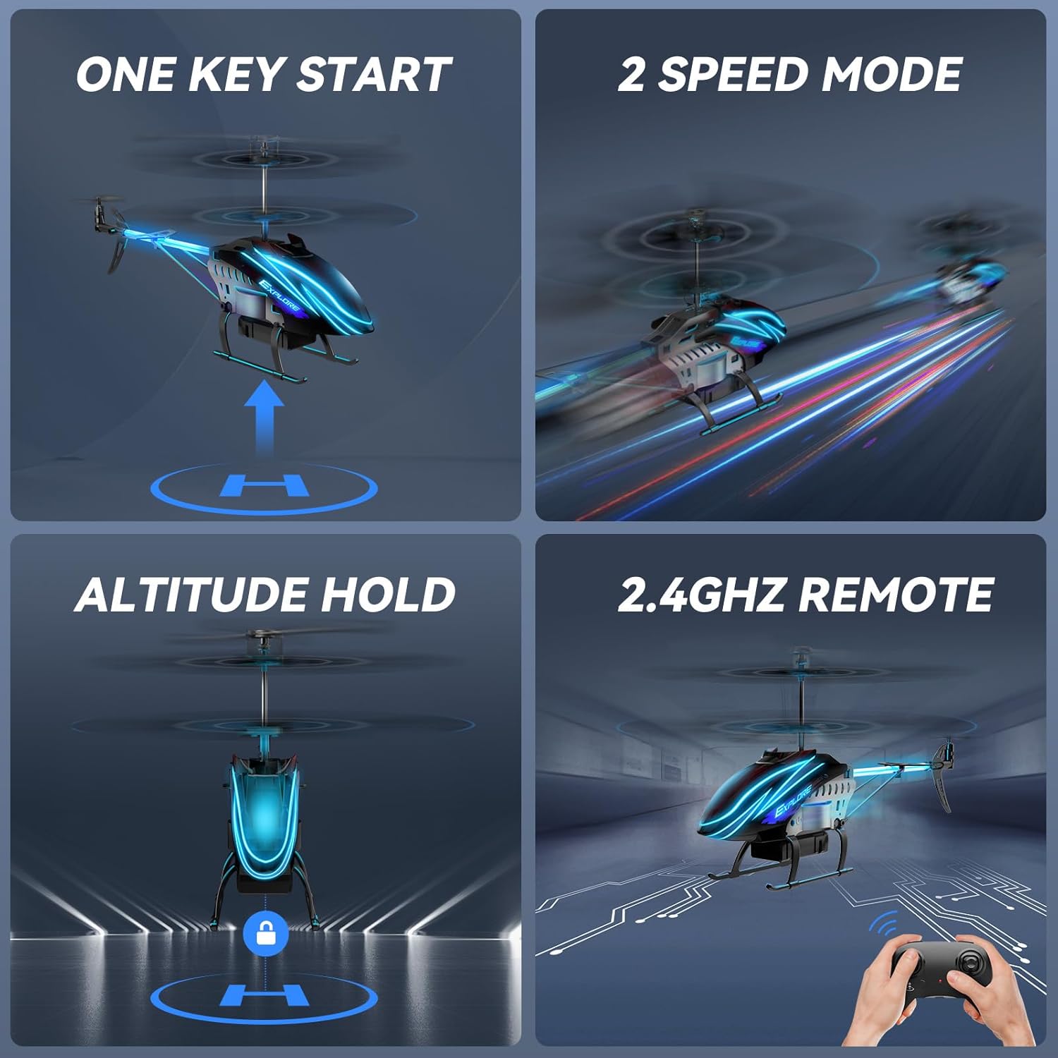RC helicopter by BUSSGO with remote control, featuring colorful design and two batteries, capable of 30-minute flight for kids