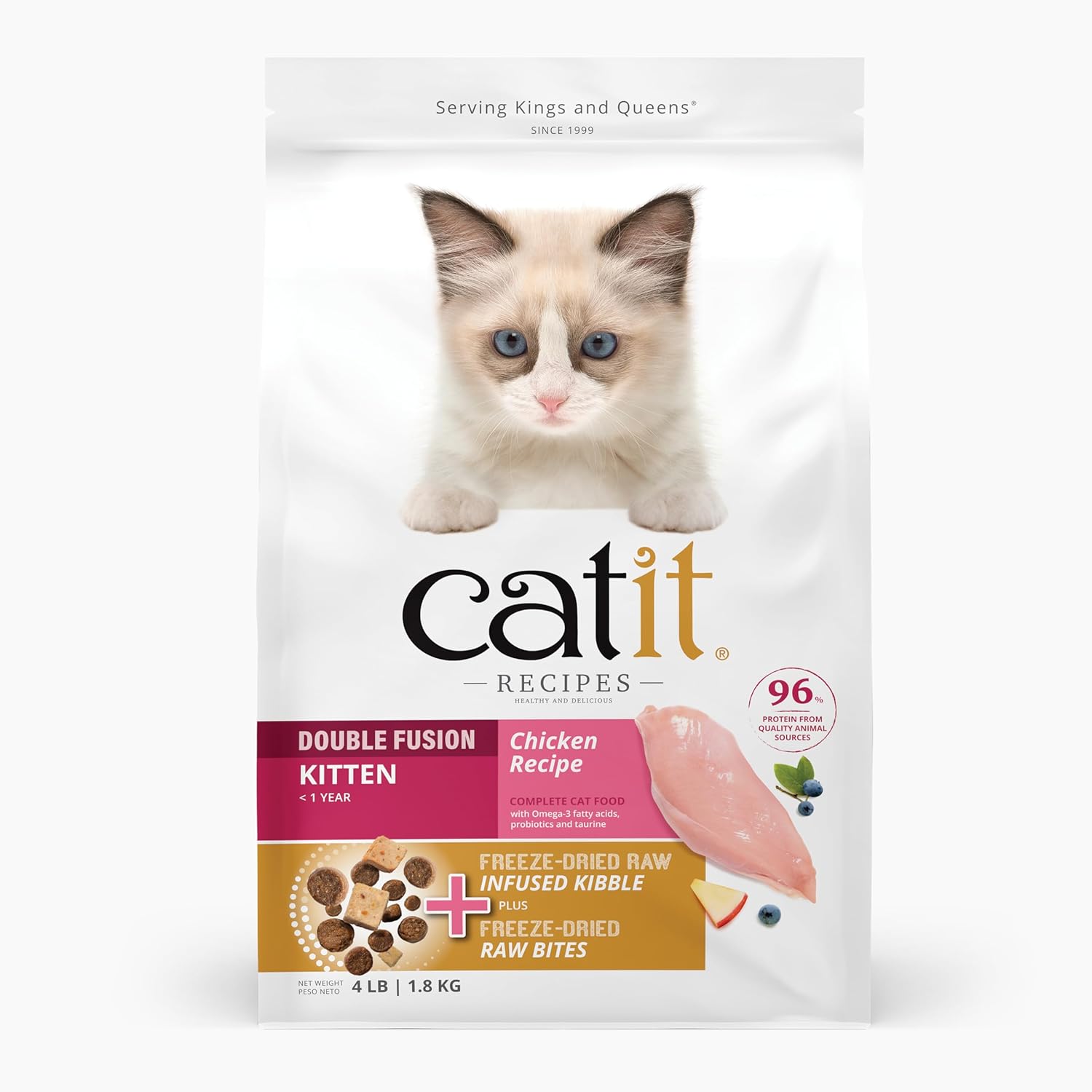 Catit Recipes Double Fusion Kitten Food with chicken, high in 96% animal protein, in a colorful packaging.
