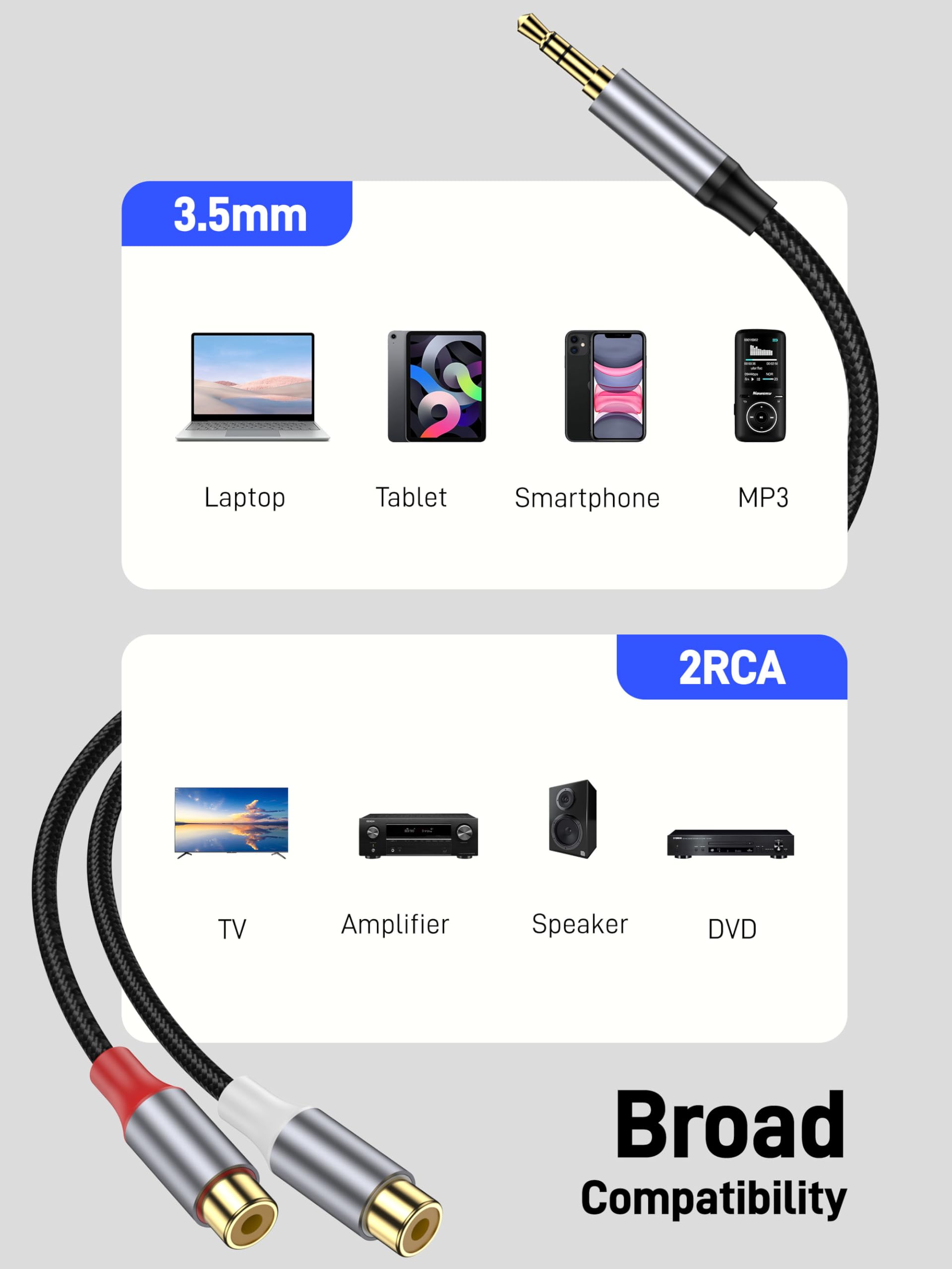 KAYQINHO 3.5mm to RCA Cable, 10 inch 3.5mm Auxiliary Male to 2RCA - KAYQINHO Official Product View 4