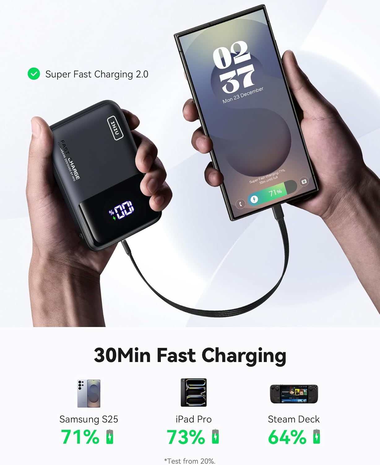INIU 20000mAh portable laptop power bank with 65W PD dual fast charging and compact design for on-the-go power.