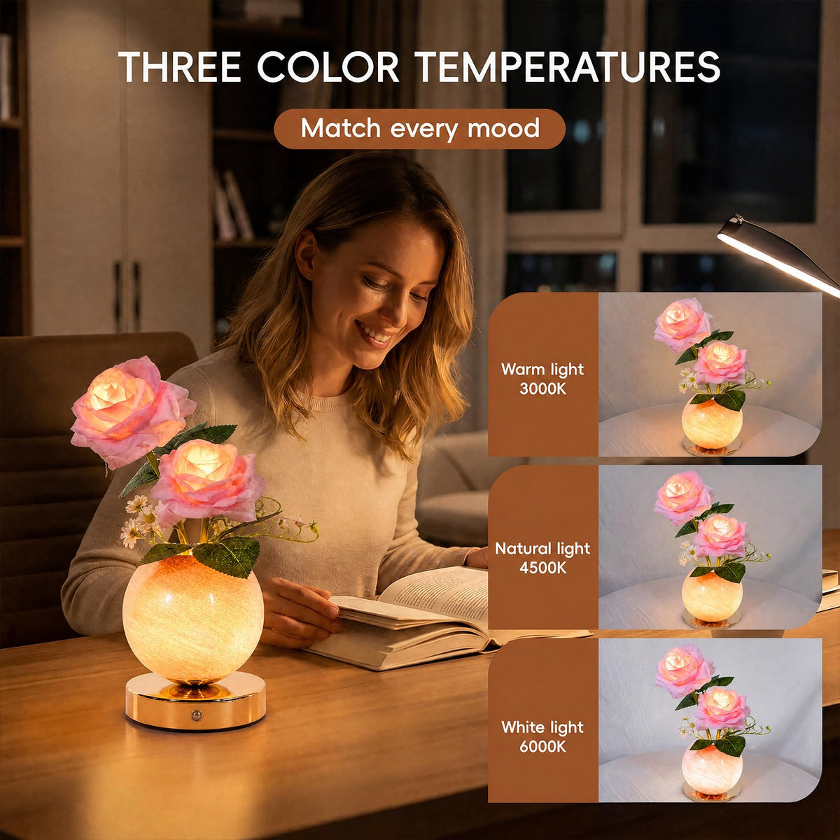 Rose Lamp Rechargeable Wireless Touch Control Dimmable Faux - SXDLED Official Imagery - 5