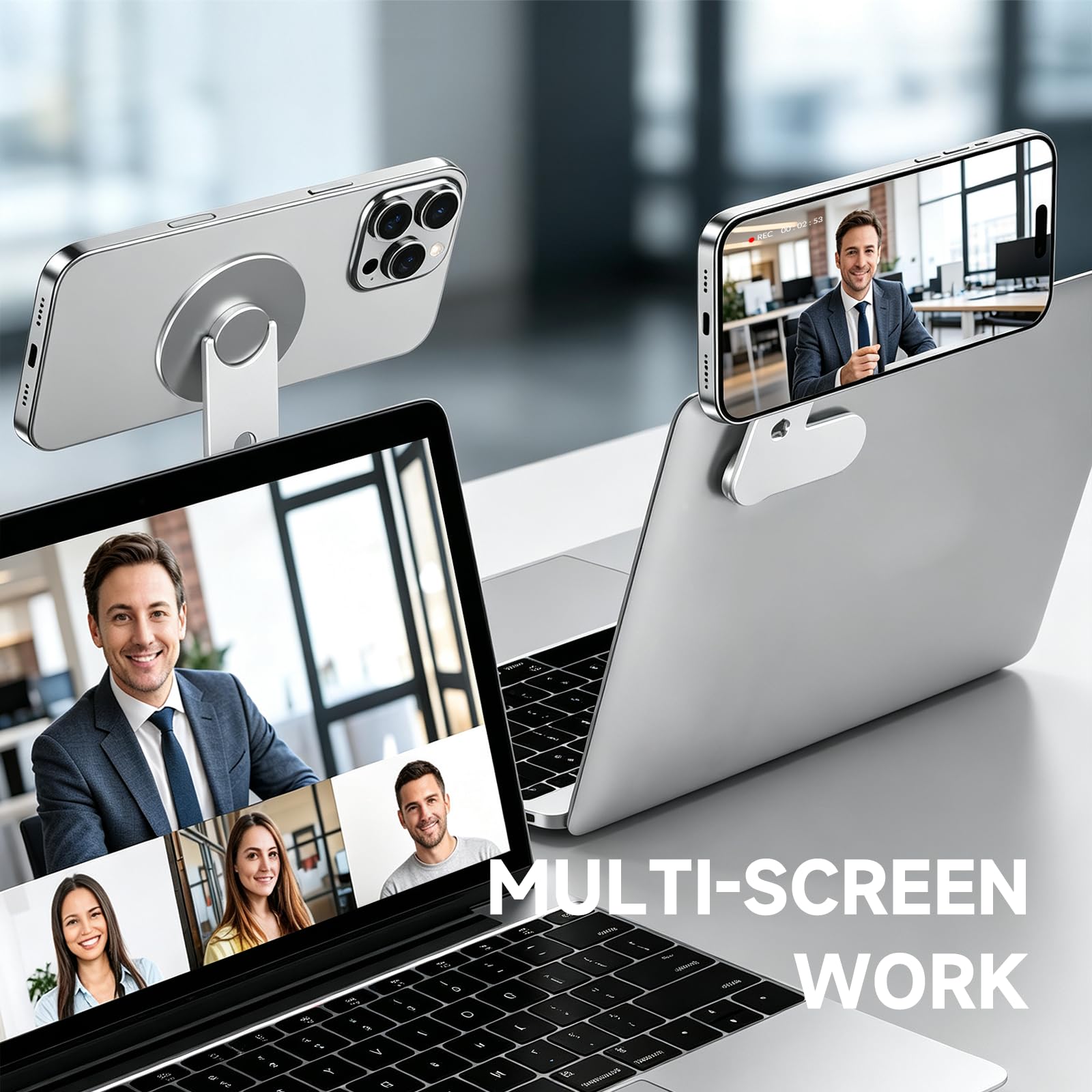 Tongyu portable laptop phone holder with rotating mount for MacBook and monitors, compatible with iPhone, Samsung, Android devices.