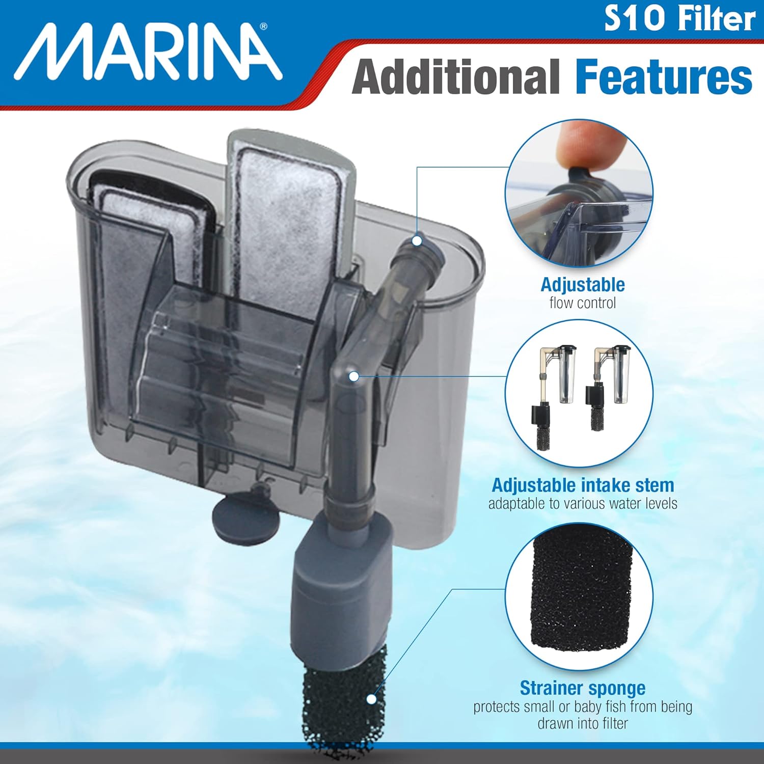 Marina S10 Power Filter for aquariums up to 10 gallons, compact filter with adjustable flow for freshwater tanks.