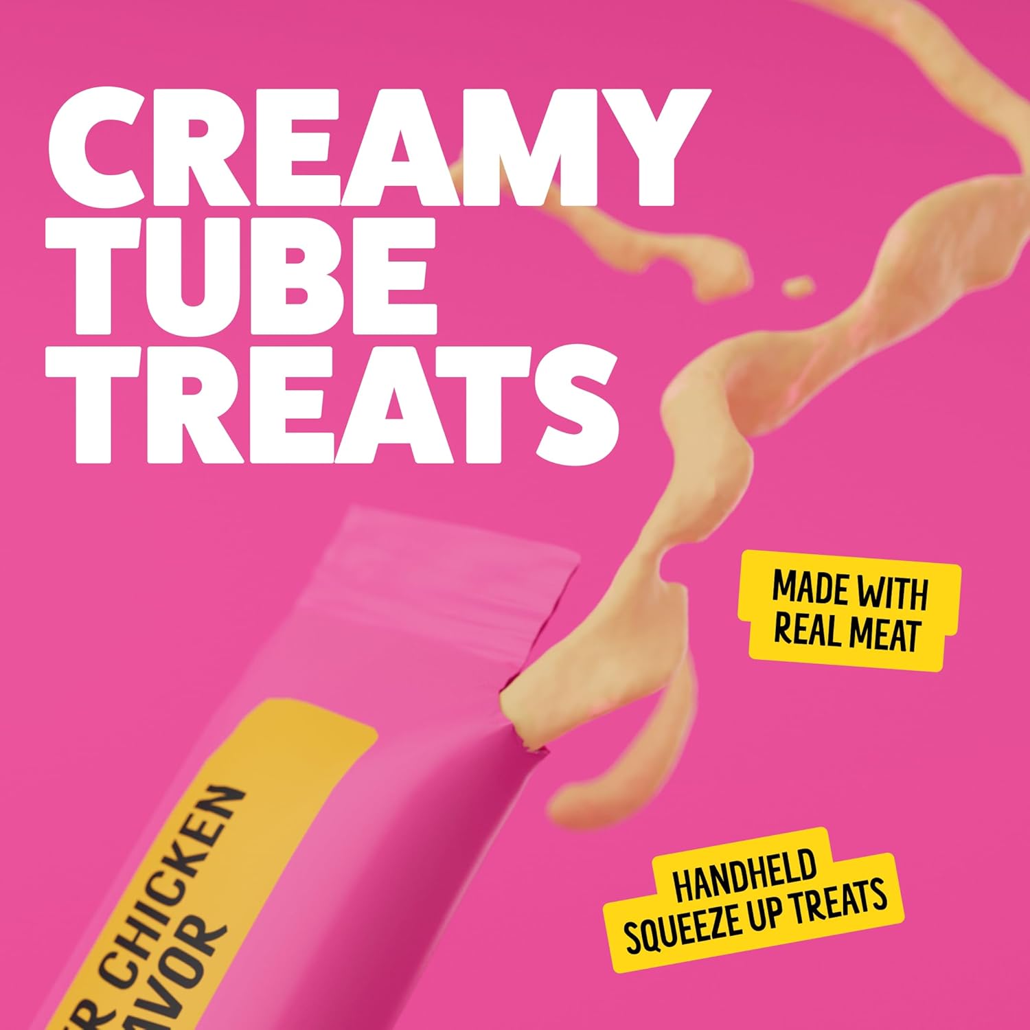 Bonkers Licky Tubes cat treats with tender chicken flavor, showing a close-up of the wet, lickable treat tube with real meat.