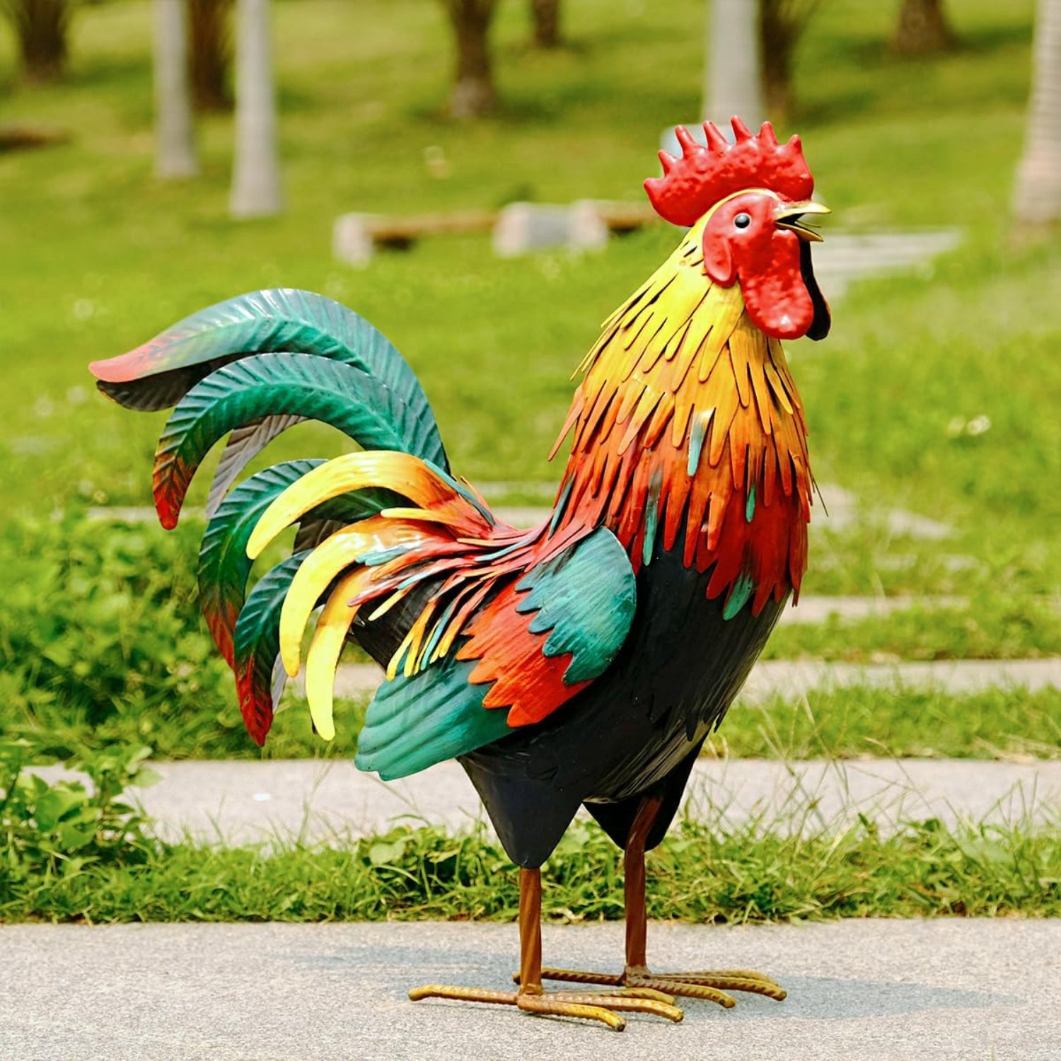 Kircust metal rooster garden statue outdoor yard art chicken decor on lush green grass