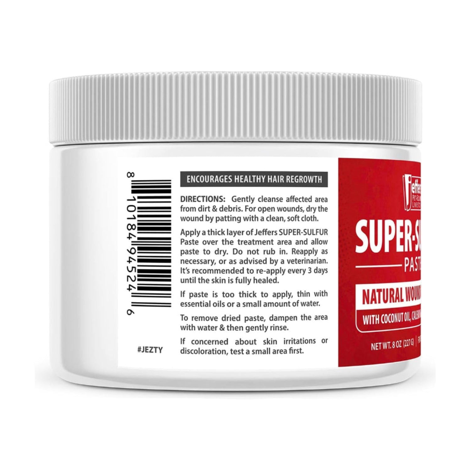 Jeffers Super Sulfur natural healing paste for dogs, cats, and horses, 8 oz, wound care treatment shown in the image.