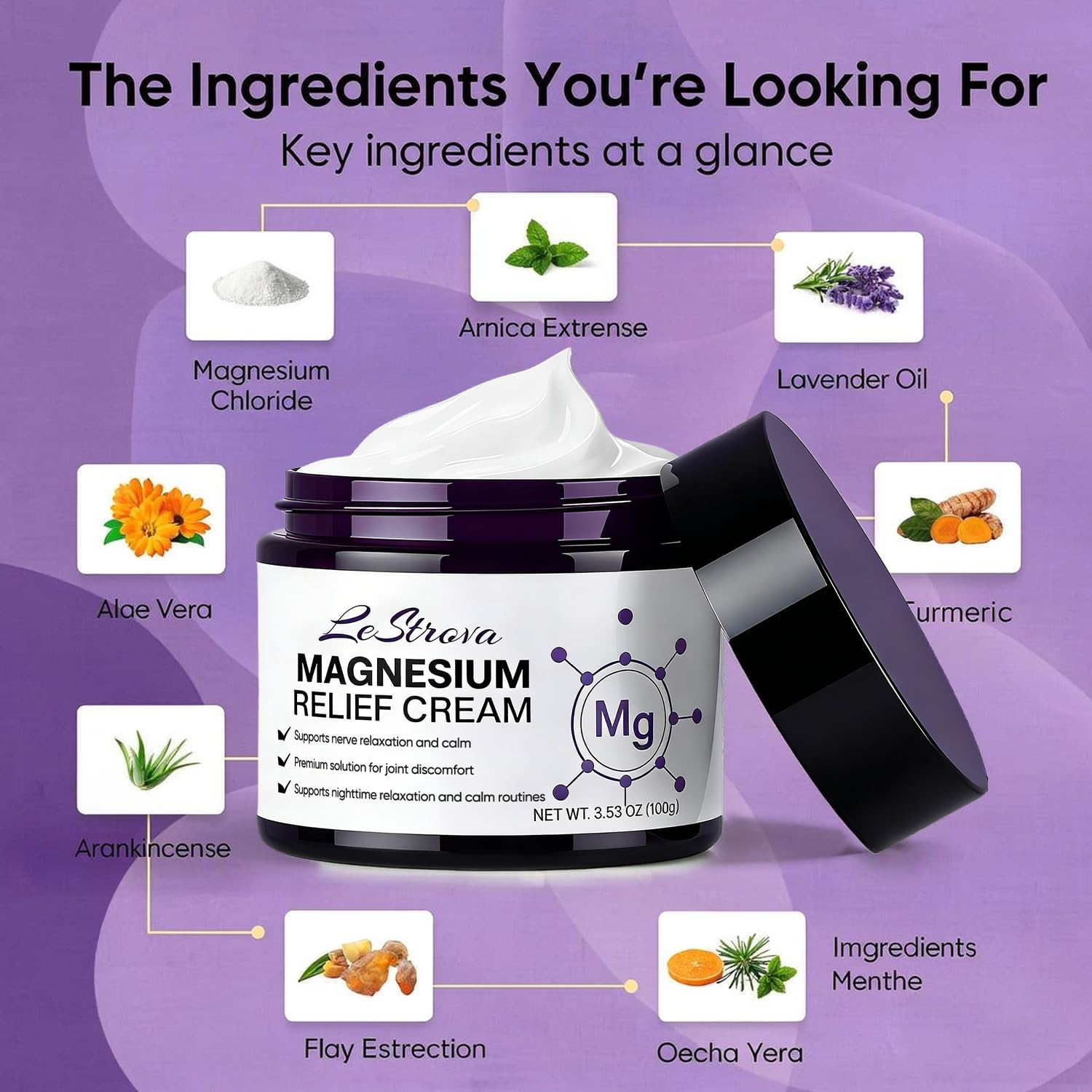 LeStrova Magnesium Cream with Peppermint & Turmeric, All Skin Types