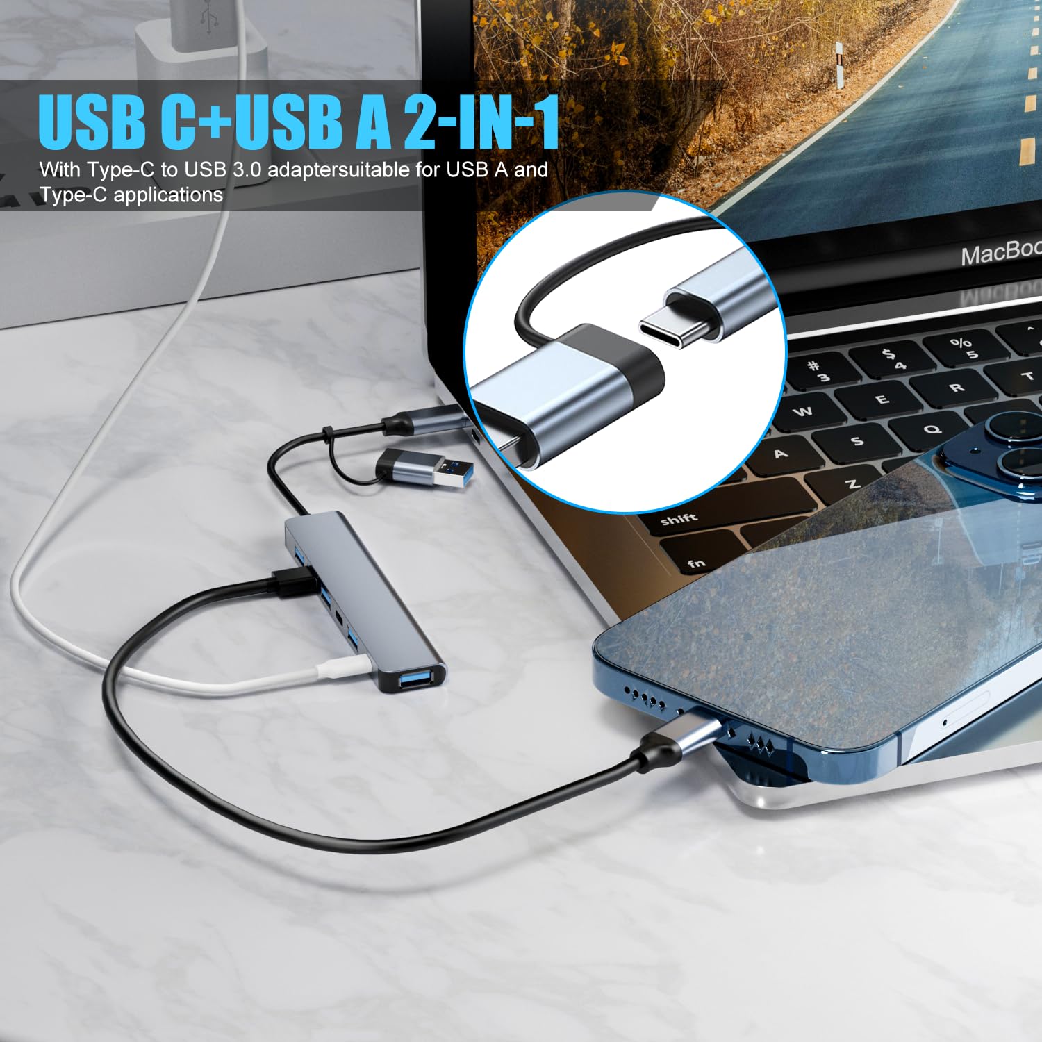 PANPEO 7-in-1 USB C hub with multiple ports including USB 3.0, compatible with MacBook and PC for versatile connectivity.