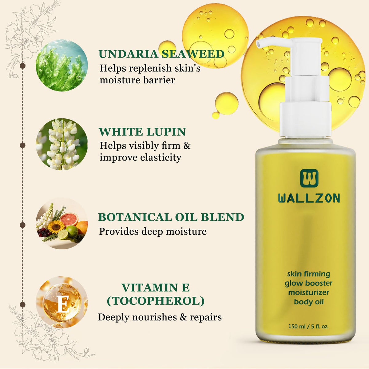Undaria Extract Firming Body Oil 5 oz Hydrating Seaweed Body - WALLZON Official Product Imagery - 5