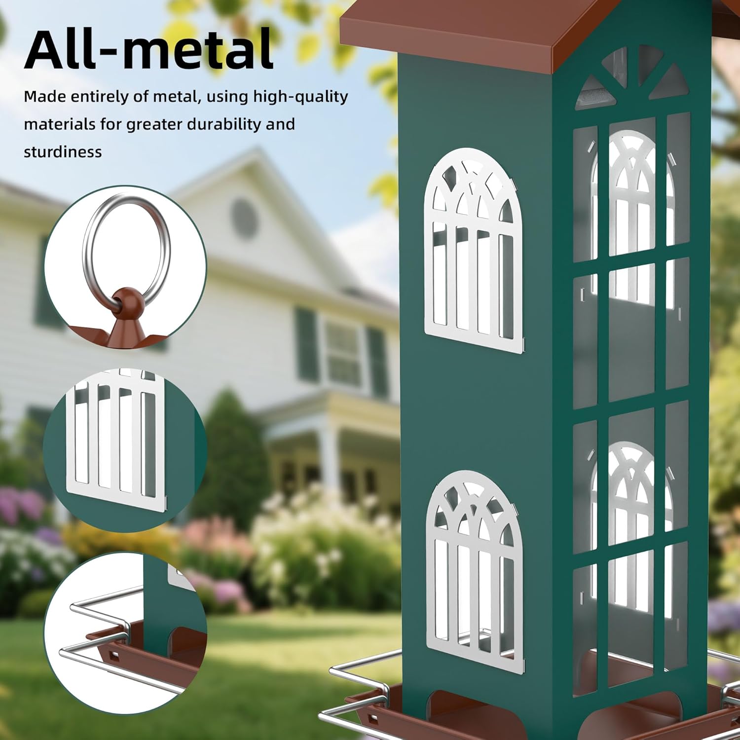 VYHAG metal outdoor bird feeder with water-resistant, rustproof design, hanging and suitable for attracting various garden birds.