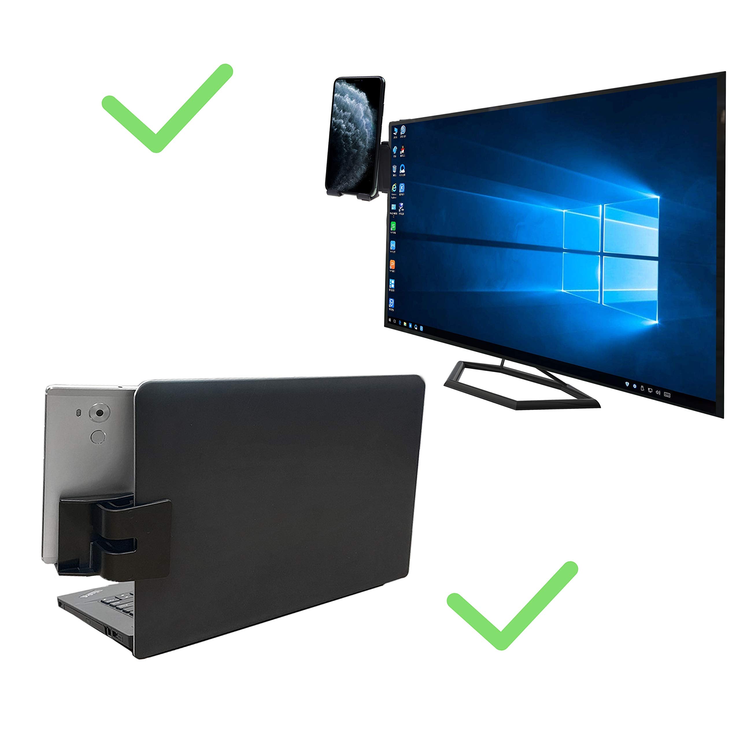 Kare & Kind smartphone clip-on holder attached to monitor, adjustable mount with universal phone dock for slim or thick screens.