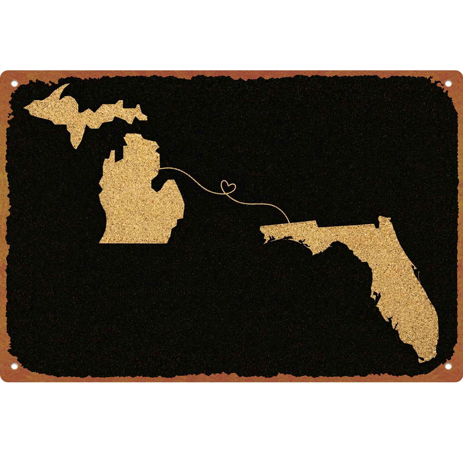 Michigan to Florida Connected Love Sign, 8x12 Inch Aluminum - Product Imagery