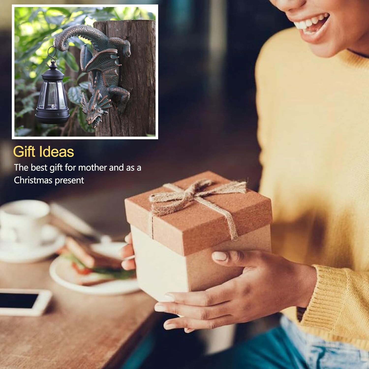 REYISO Solar Dragon Tree Hugger Statue wall decor, whimsical garden statue featuring a charming dragon design for outdoor decoration