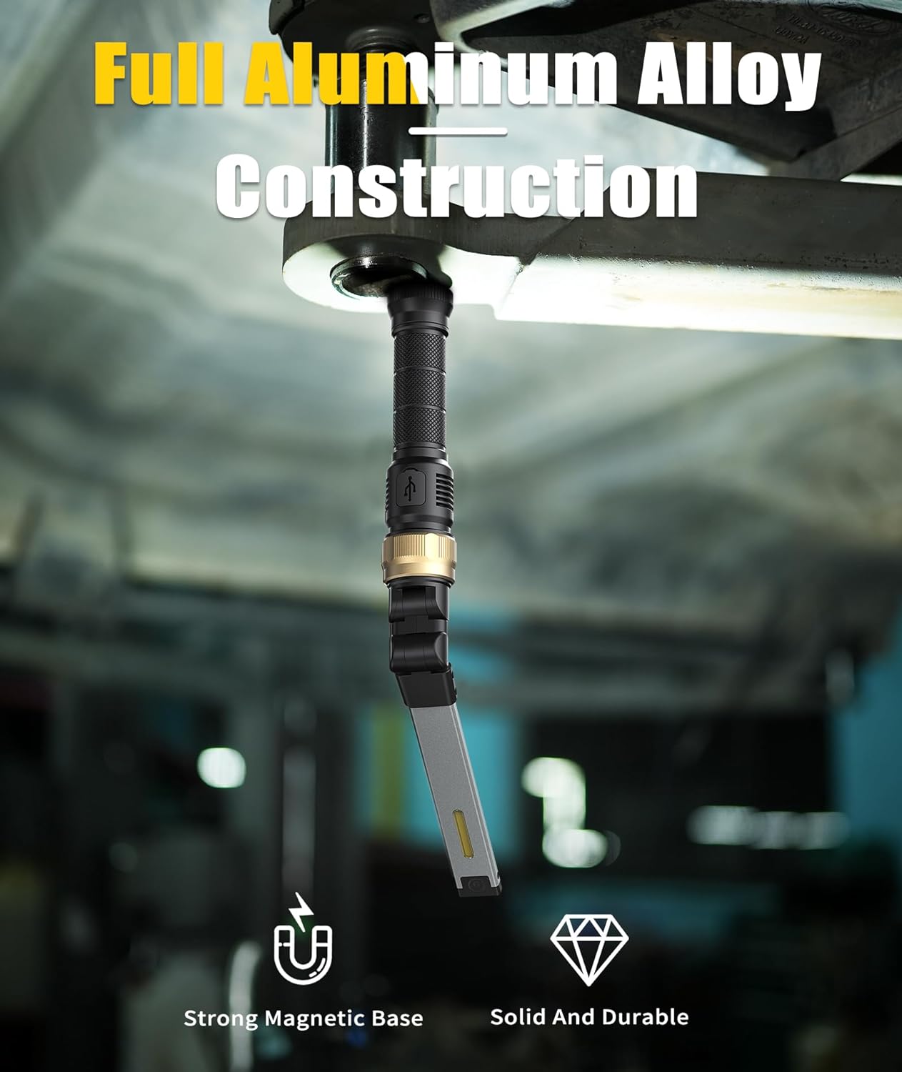 HOTLIGH rechargeable work light with 5000mAh battery, magnetic base, and 360° illumination for versatile hands-free lighting.