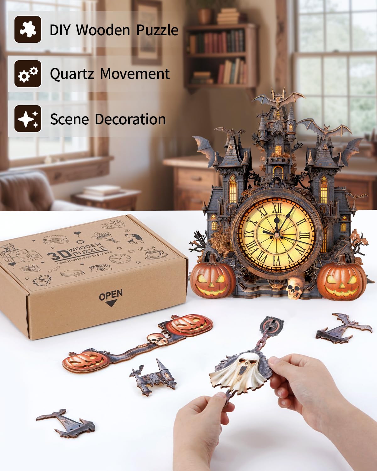 3D Puzzles for Adults Halloween Cottage Clock 3D DIY Model - Rnfinewow Official Imagery - 5