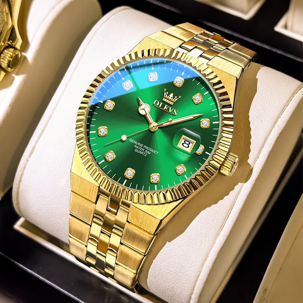 OLEVS Men's Green Two-Tone Diamond Luxury Dress Watch