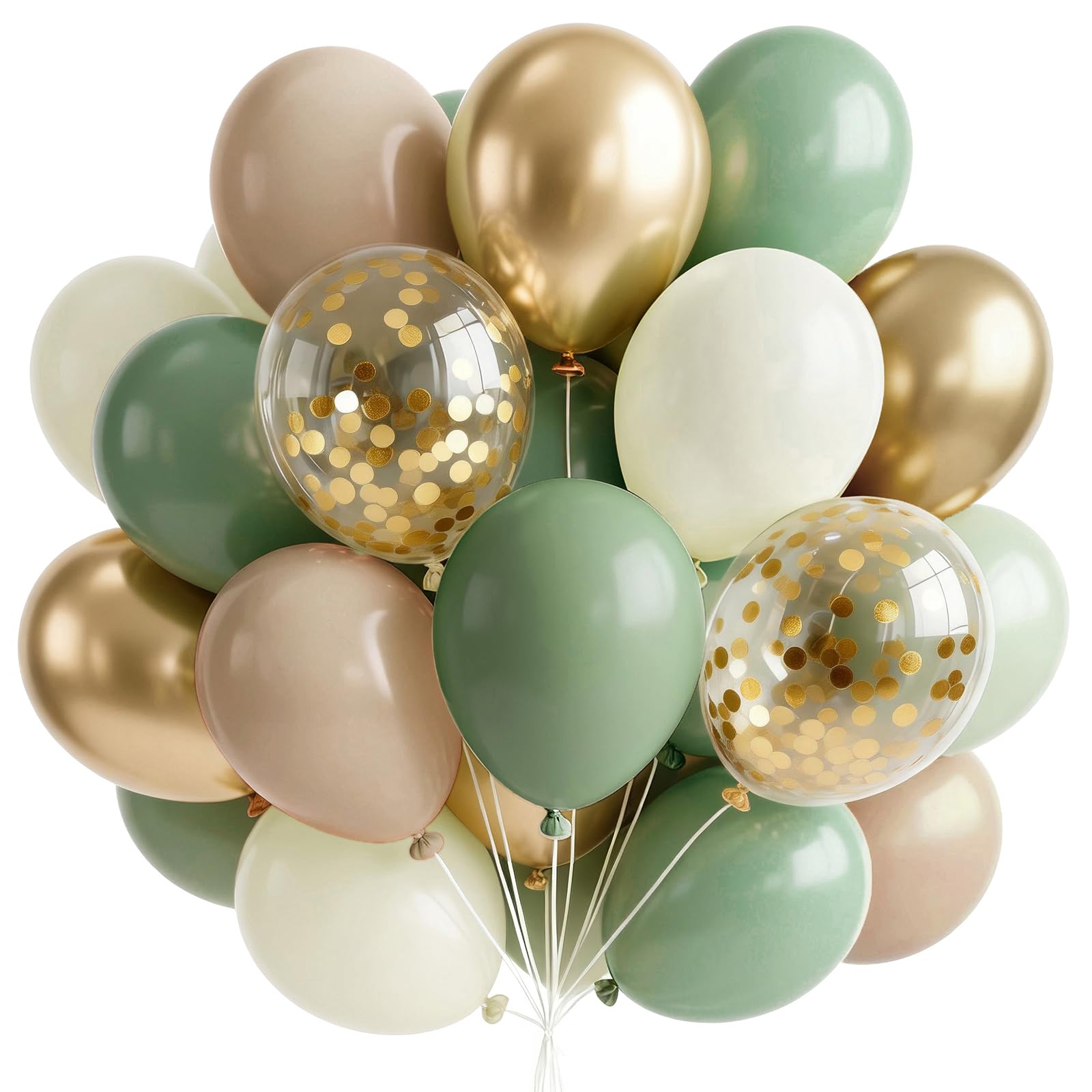 PartyWoo Sage Green Balloons 66pcs 12 Inch Gold White Brown Gold - Product Imagery