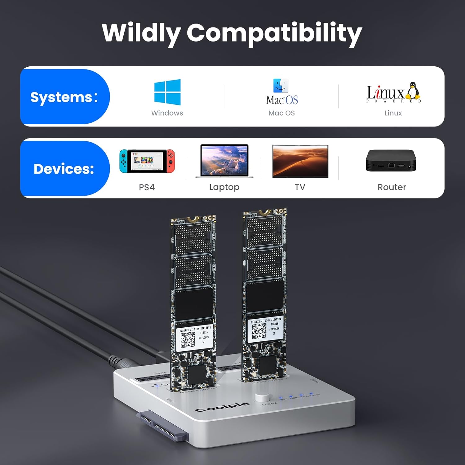 Coolpie CR311 3-in-1 SSD Cloner and M.2 reader with USB 3.2 Gen2, supporting M.2 NVMe/SATA and HDDs for data transfer