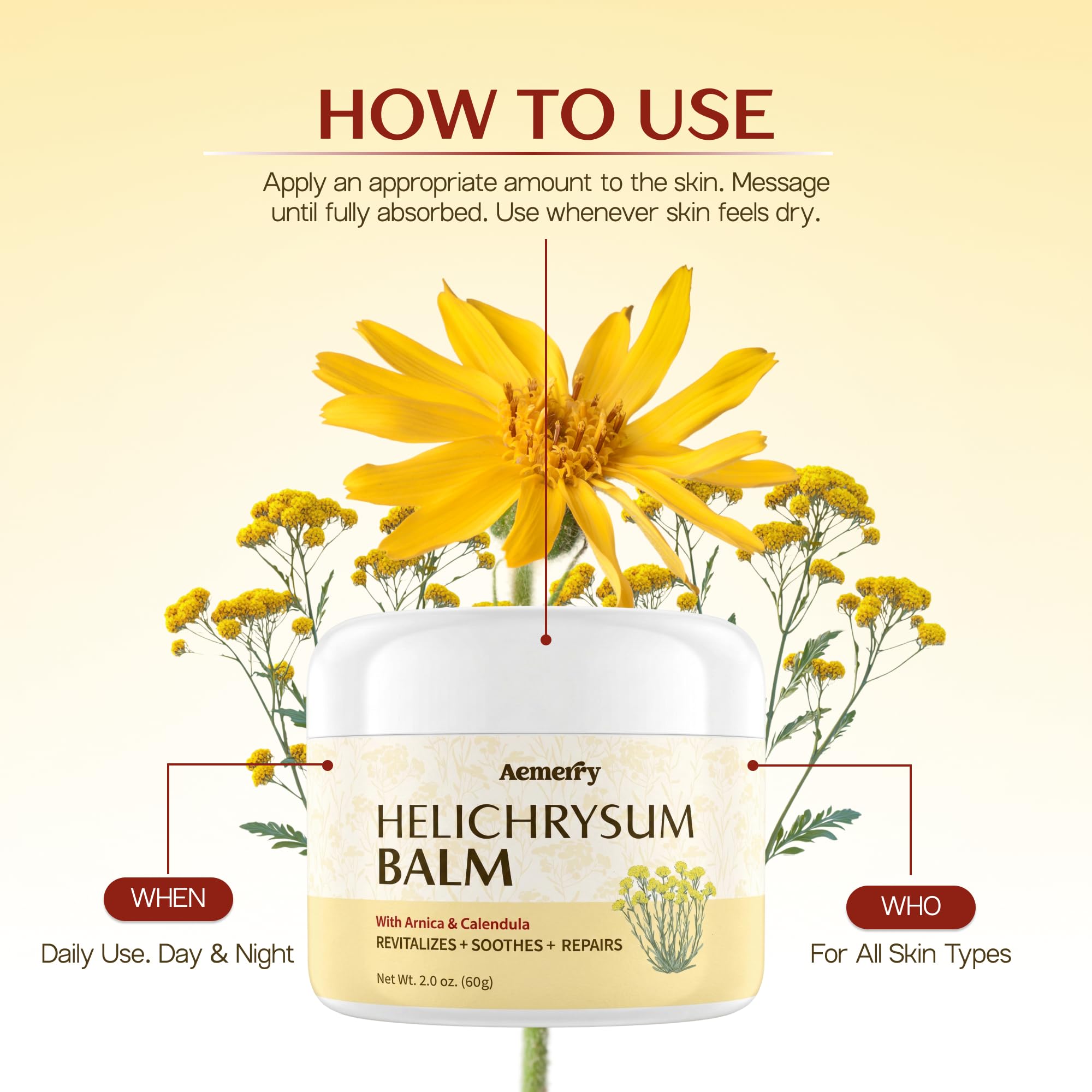 Velvet Aura Helichrysum Balm in 2 oz jar, a luxurious moisturizer for mature, delicate skin with a velvety texture.