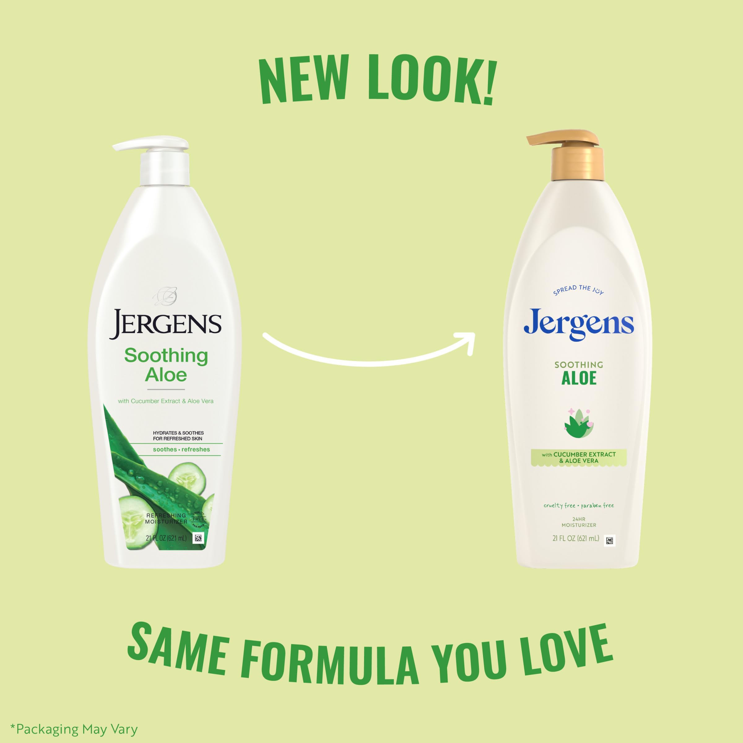 Jergens Soothing Aloe Body Lotion for dry skin in a 21 fl oz bottle, featuring aloe for gentle hydration and skin relief
