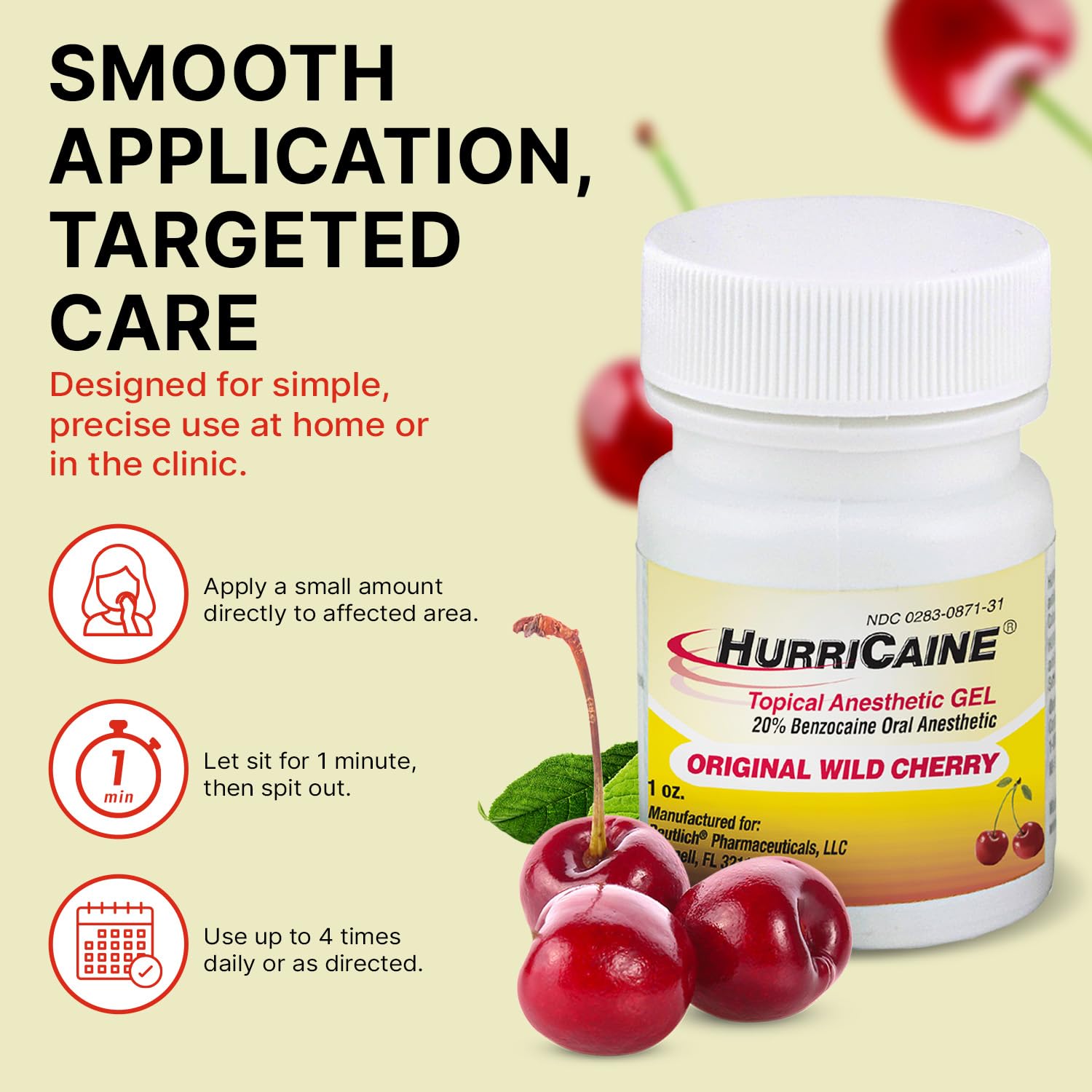 HurriCaine 20% Benzocaine Oral Pain Relief Gel, Wild Cherry 1oz