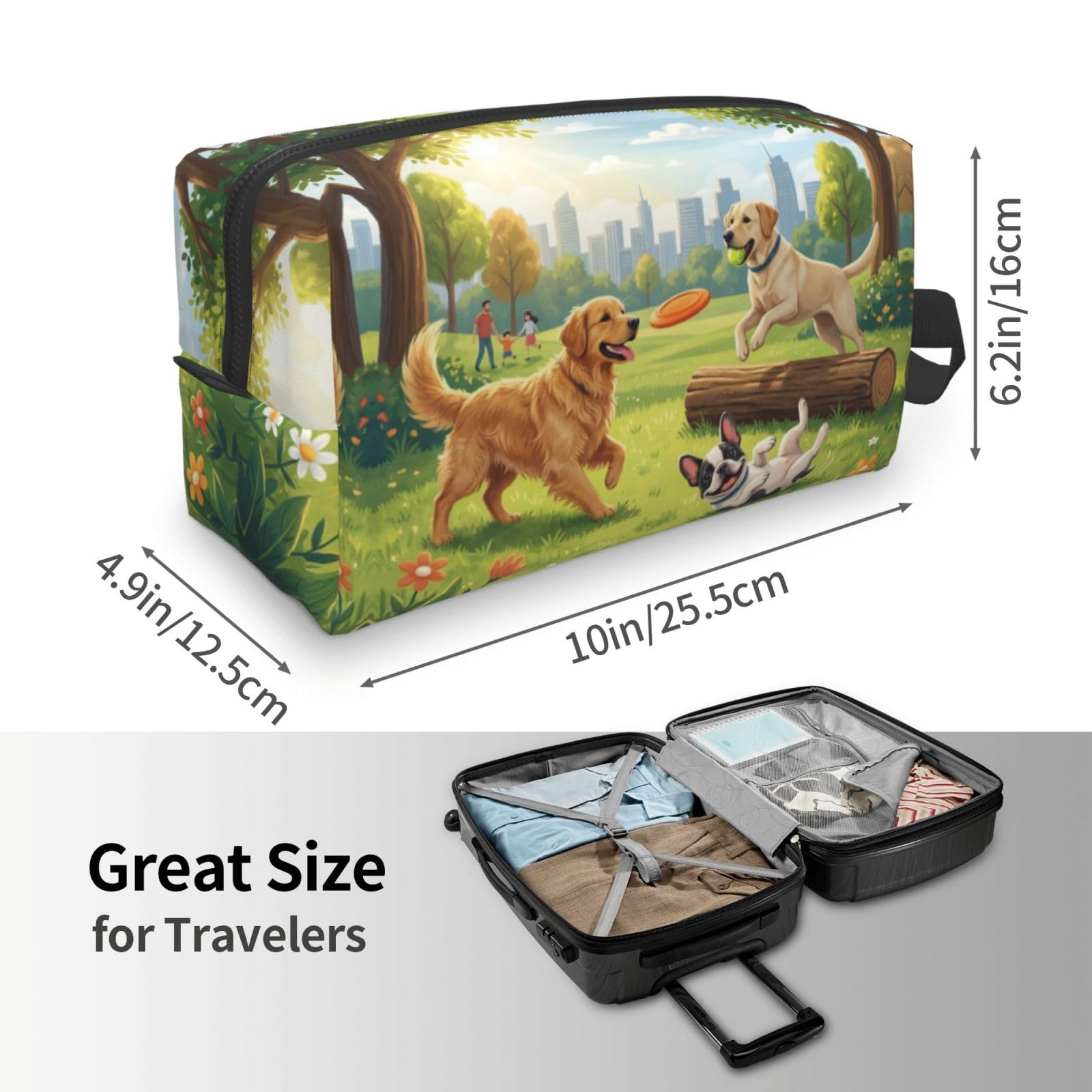 SXZVVBN large capacity travel toiletry bag with three playful dogs design, durable Oxford cloth cosmetic organizer for toiletries and makeup.