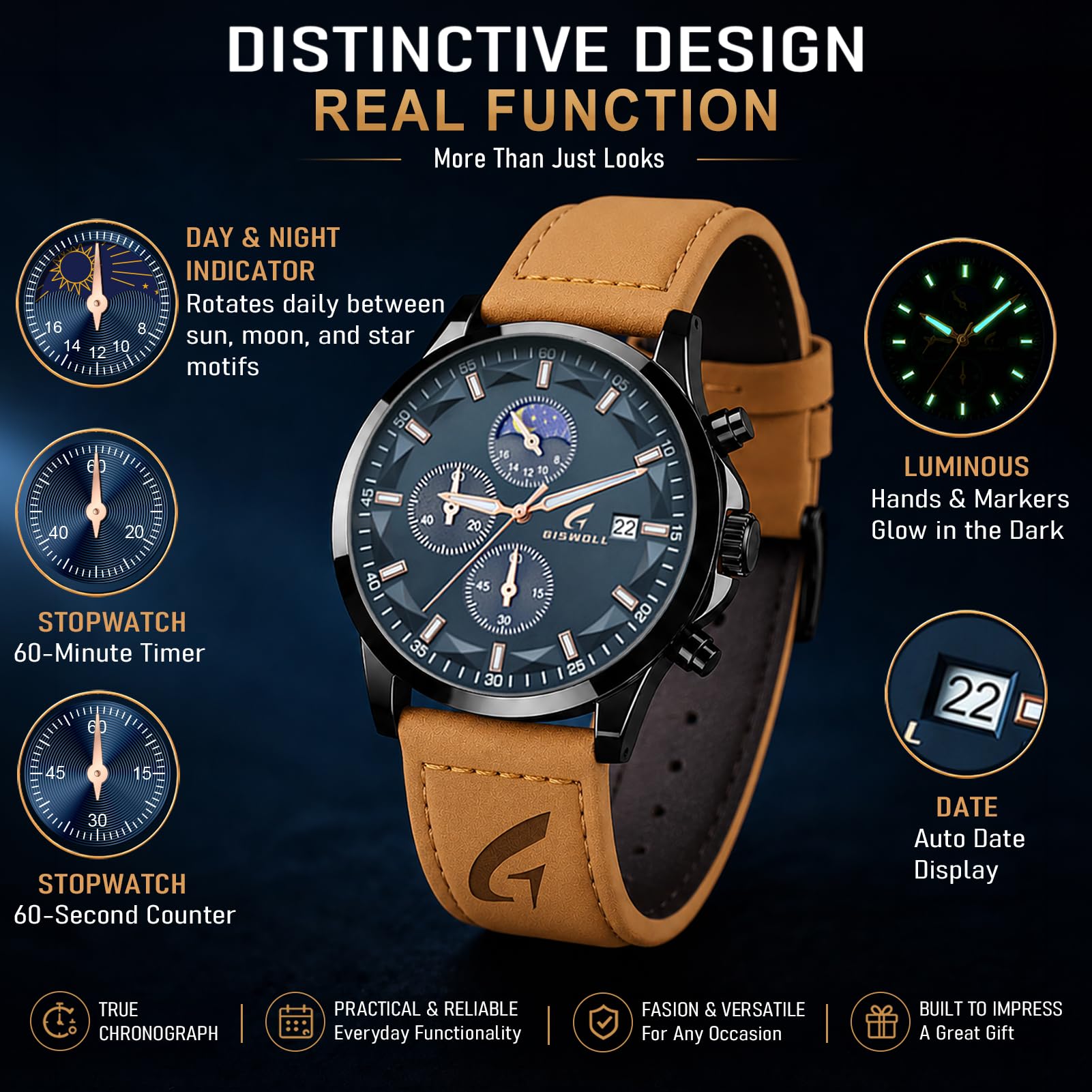 GISWOLL Men's Chronograph Watch Day-Night Subdial Leather
