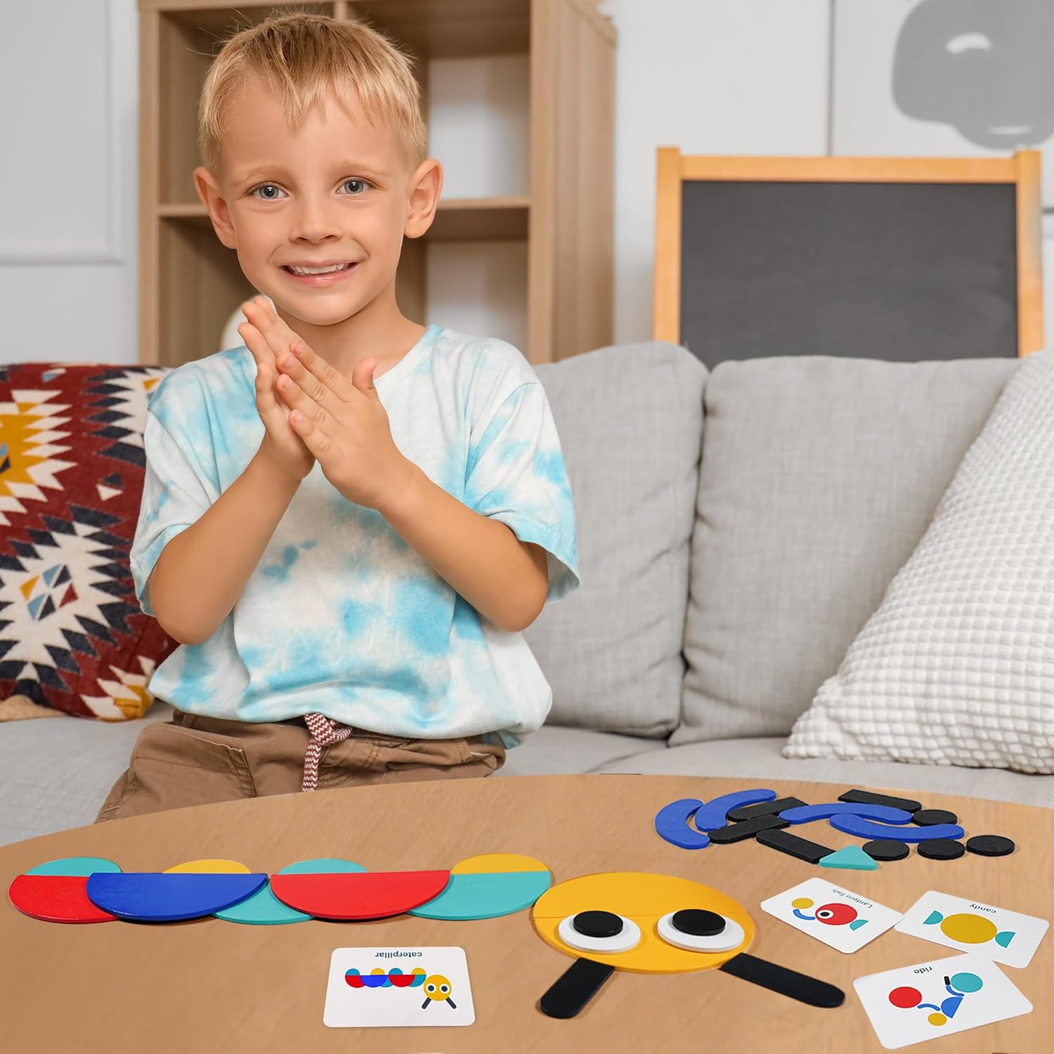 LiKee open-ended wooden shape puzzles with 36 blocks and 60 cards for toddlers, featuring colorful geometric shapes and educational design.