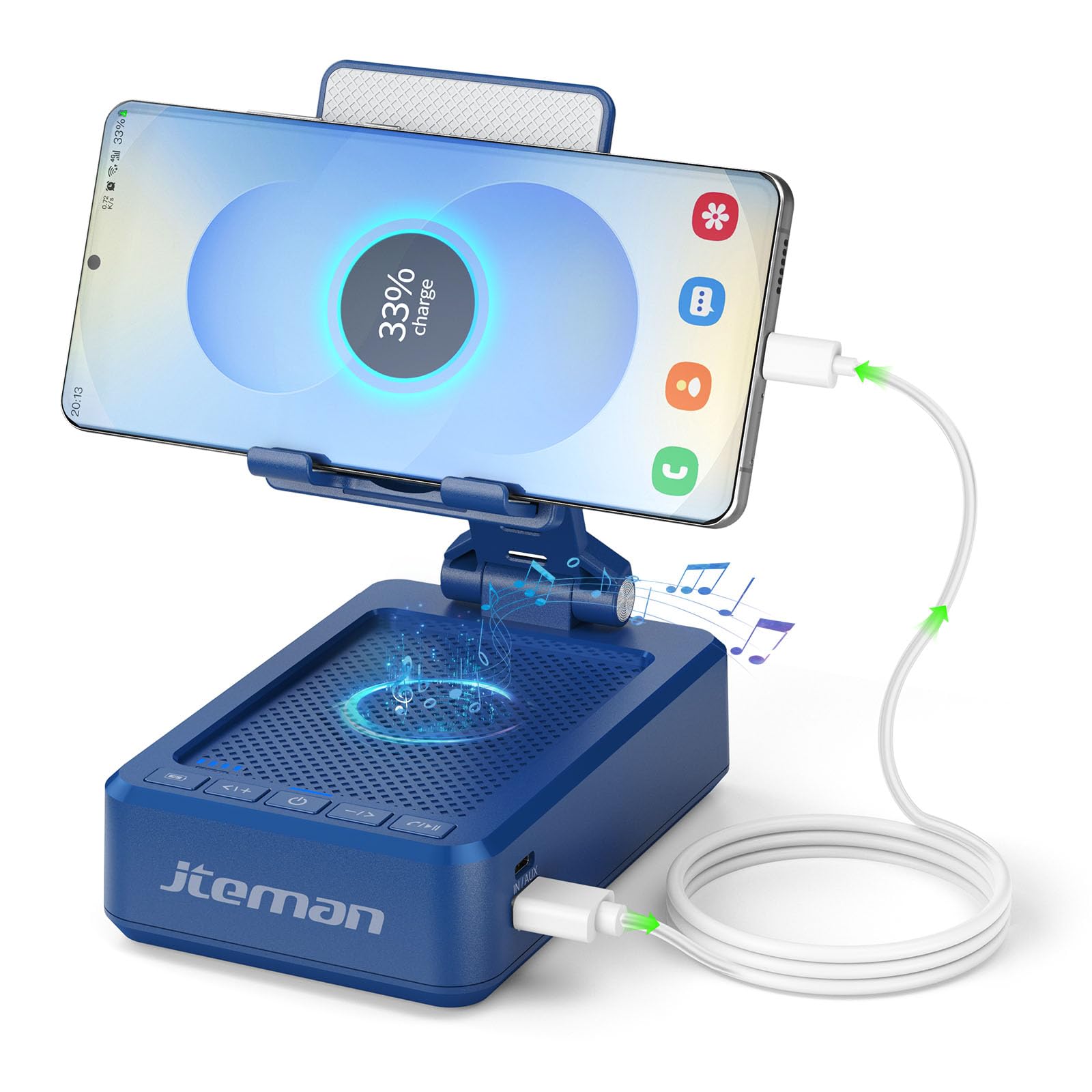 JTEMAN Cell Phone Stand with Bluetooth Speaker and Charging - Product Imagery