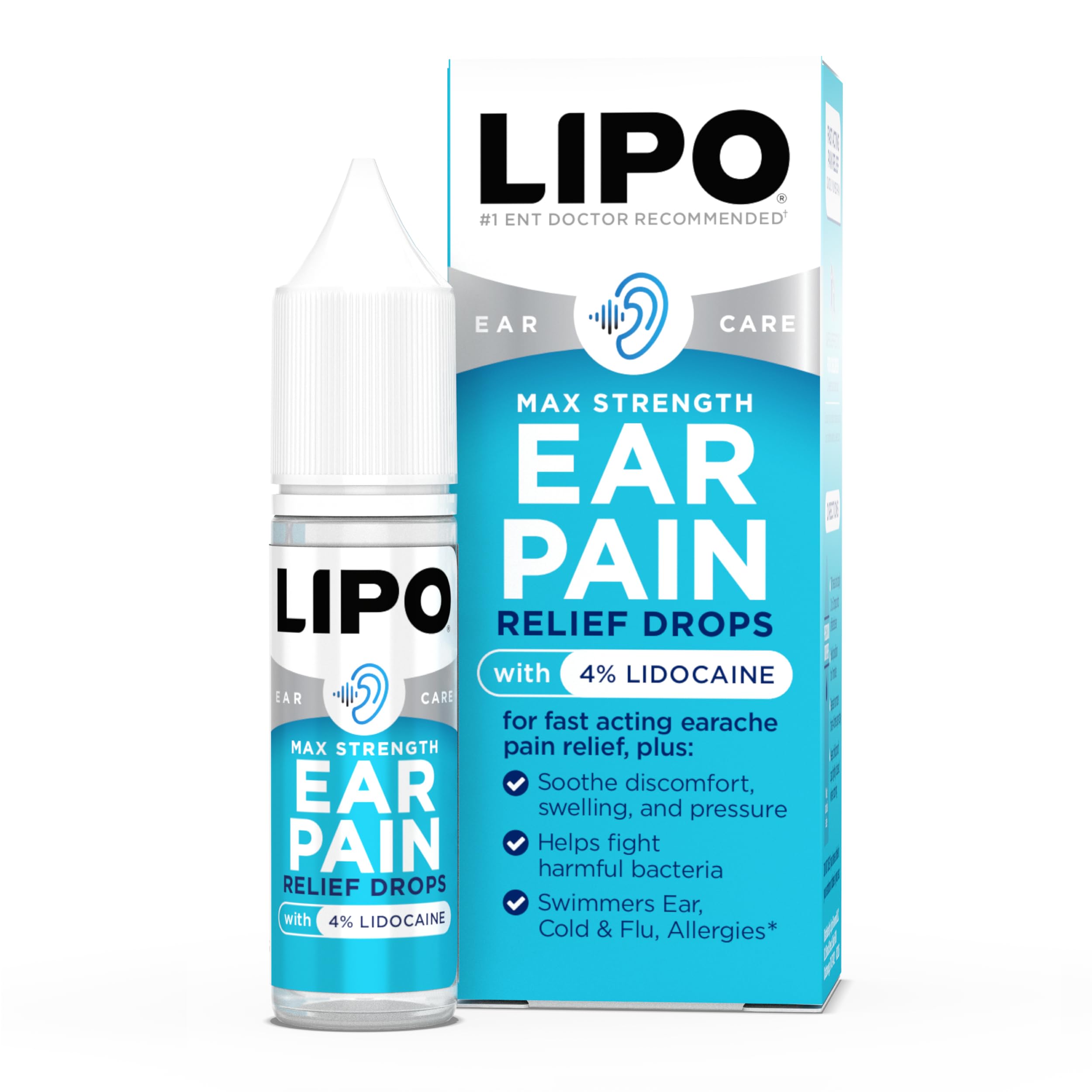 LIPO Ear Pain Relief Drops – 4% Lidocaine, 1 fl oz