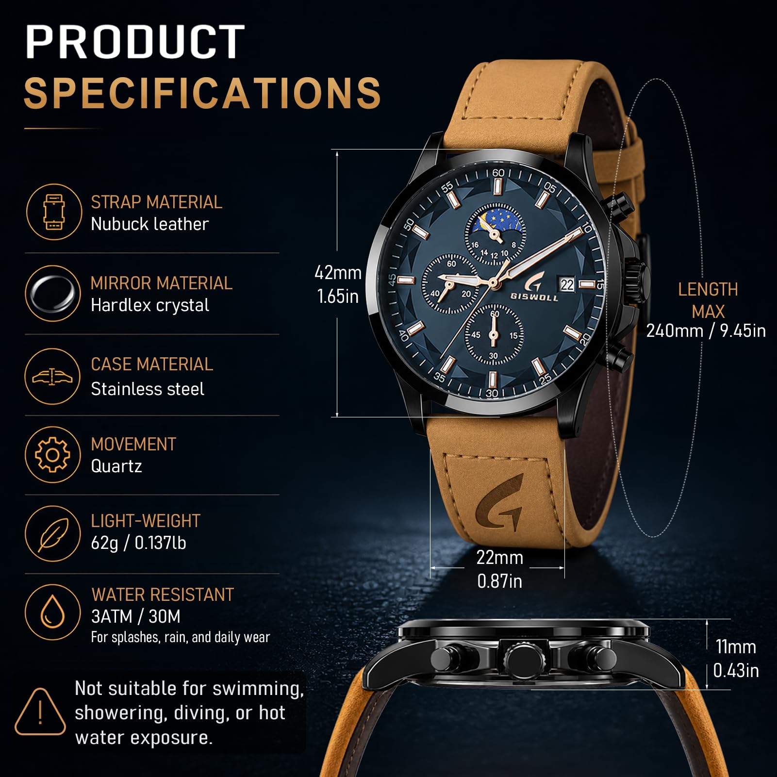 GISWOLL Men's Chronograph Watch Day-Night Subdial Leather