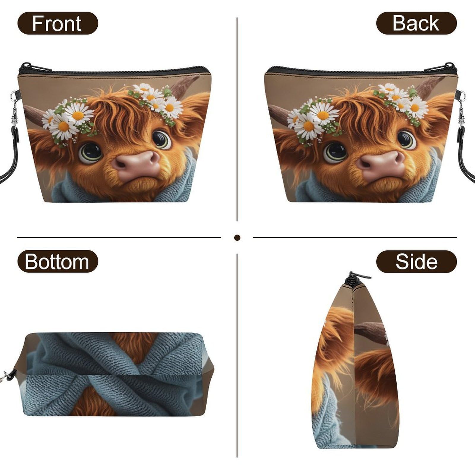 Qfsdijnig cute cow-shaped cosmetic bag with wrist strap, made of PU leather, designed for storing makeup and small accessories.