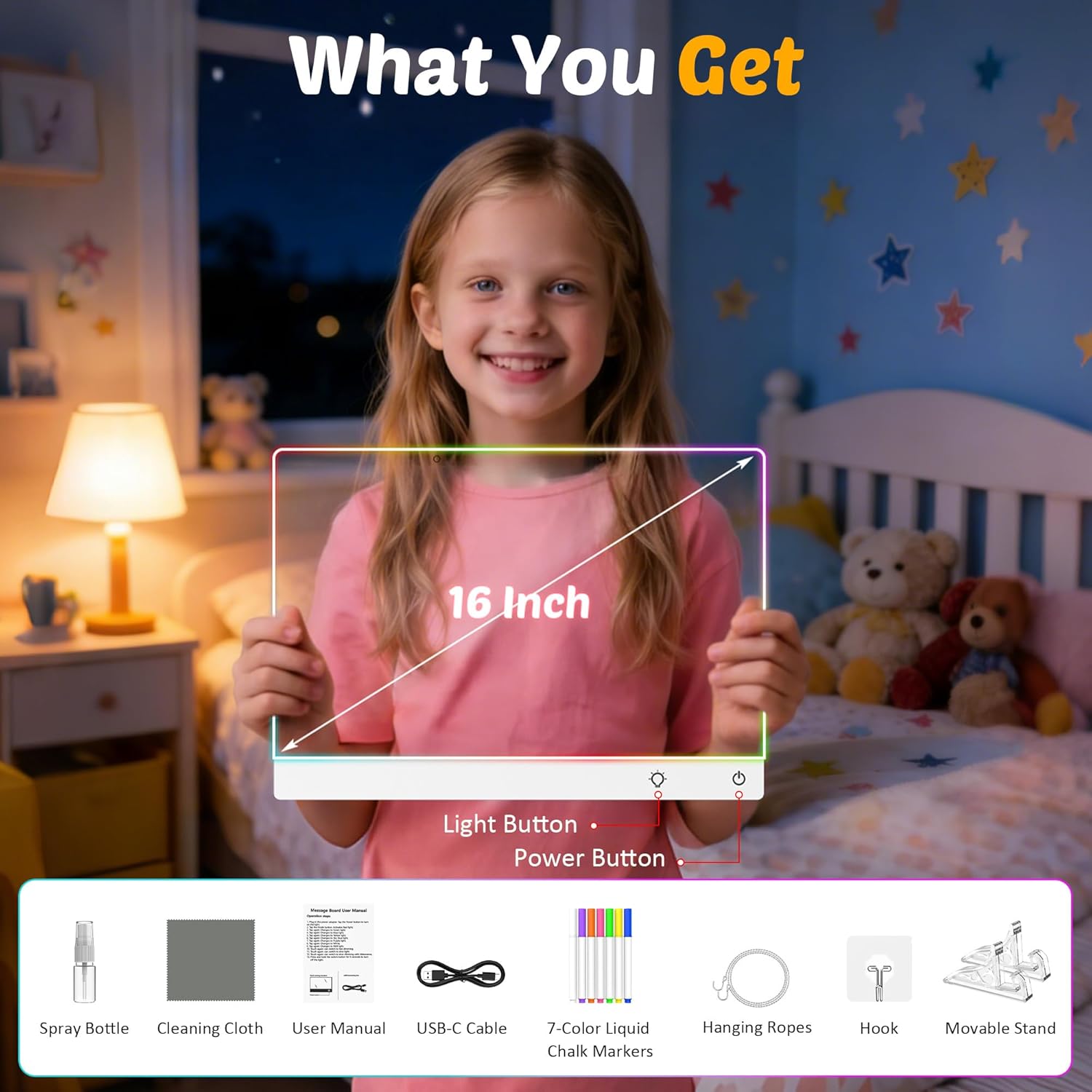 MOKOQI rechargeable 16-inch LED drawing board for kids with light-up surface and colorful drawing area.