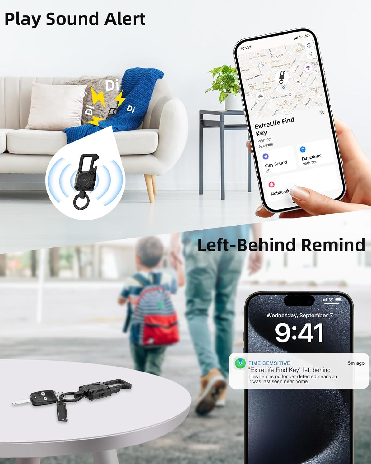 Heavy-duty ExtreLife keychain with bottle opener and carabiner, compatible with Apple Find My, for car keys and everyday use.