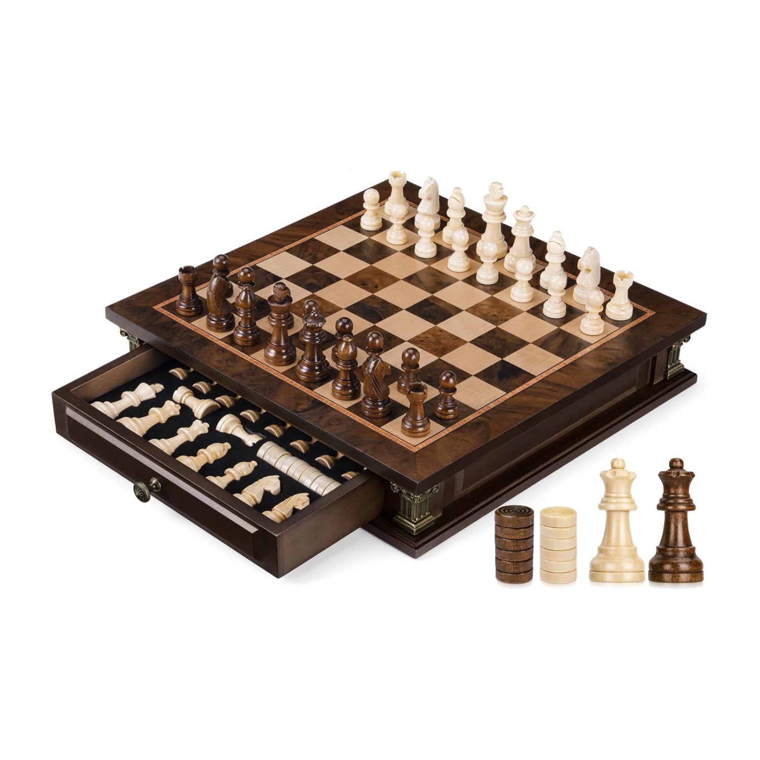Peradix magnetic wooden chess set with 15-inch board and two built-in storage drawers, featuring magnetic chess pieces.