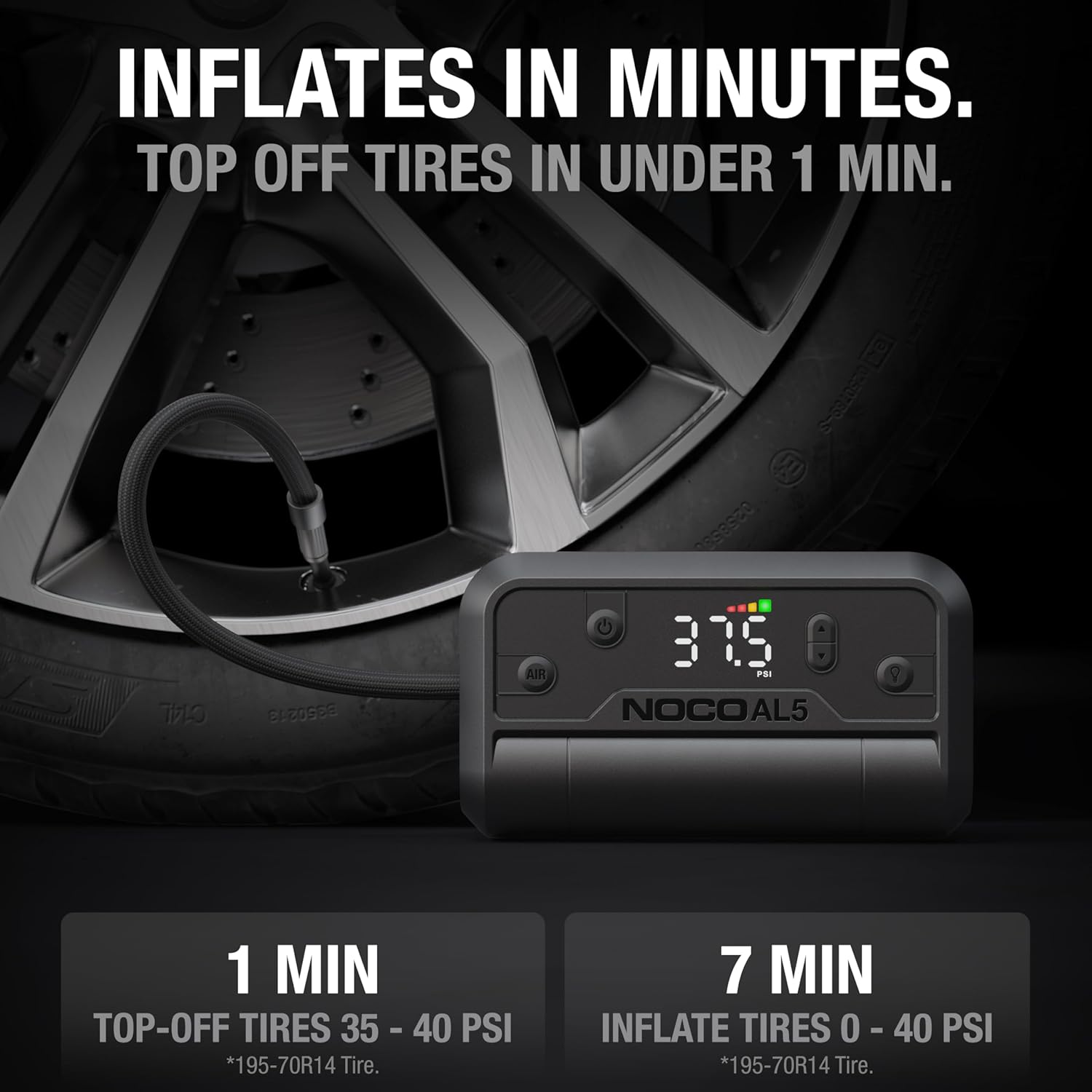 NOCO Air AL5 cordless portable rechargeable tire inflator with digital display and air hose for quick tire inflation.