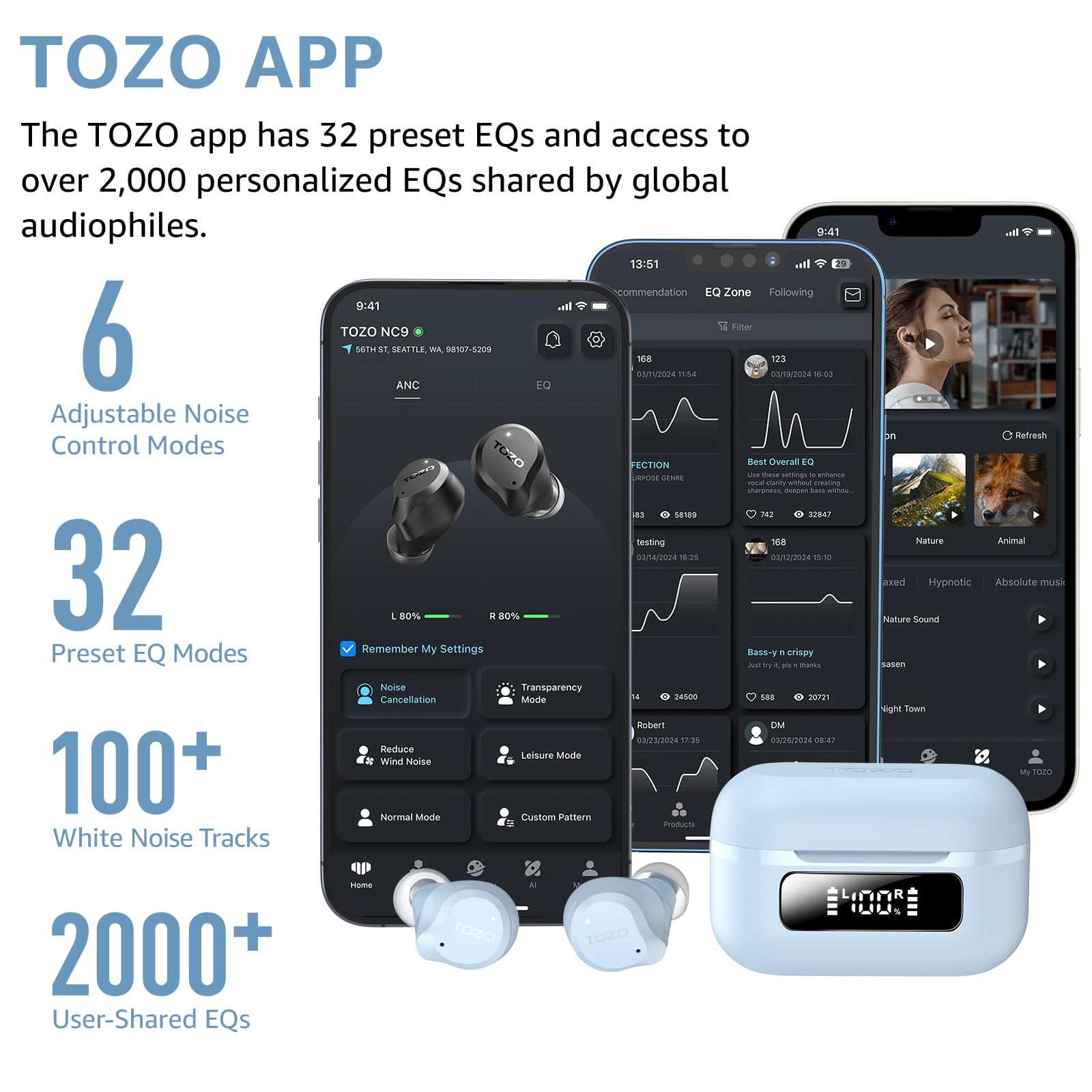TOZO NC9 Hybrid Active Noise Cancelling Wireless Earbuds, 60H, LE - TOZO Official Product View 6