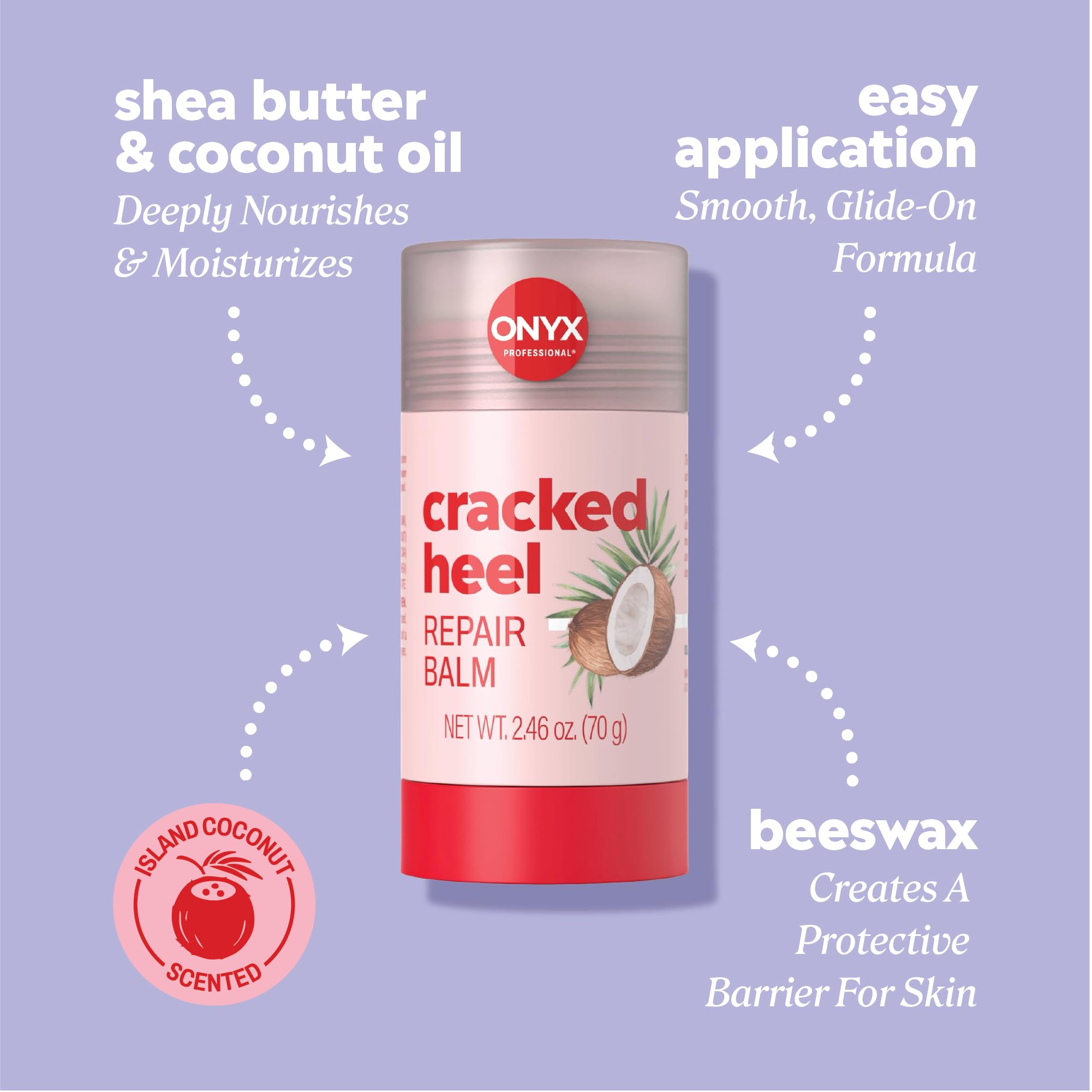 Onyx Professional Heel Repair Balm Stick in coconut scent, moisturizing skin moisturizer for dry, cracked heels.