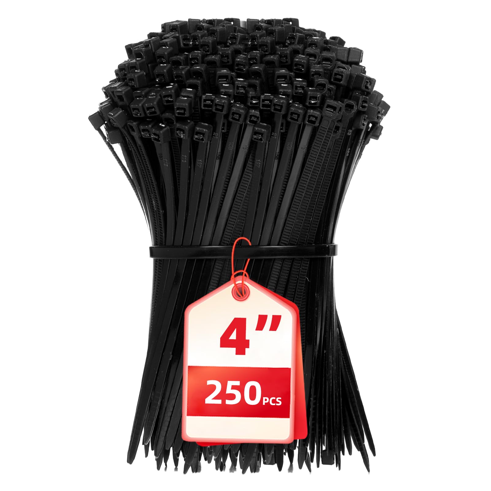 Black nylon cable zip ties, 4-inch self-locking wire ties, 250-pack for home, garden, garage, indoor and outdoor use.